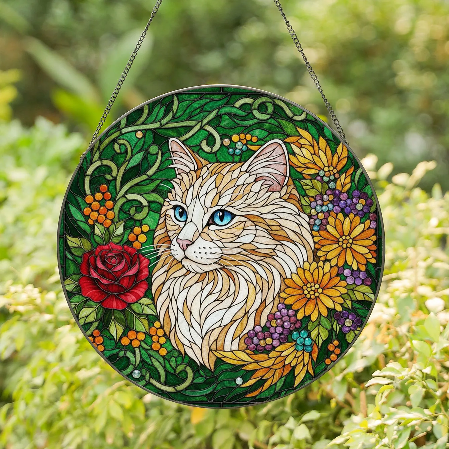 Fluffy Cat Head Stained Glass Mosaic with Jungle Foliage & Autumnal Ruby Rose Flowers Stained Glass Suncatcher - 1