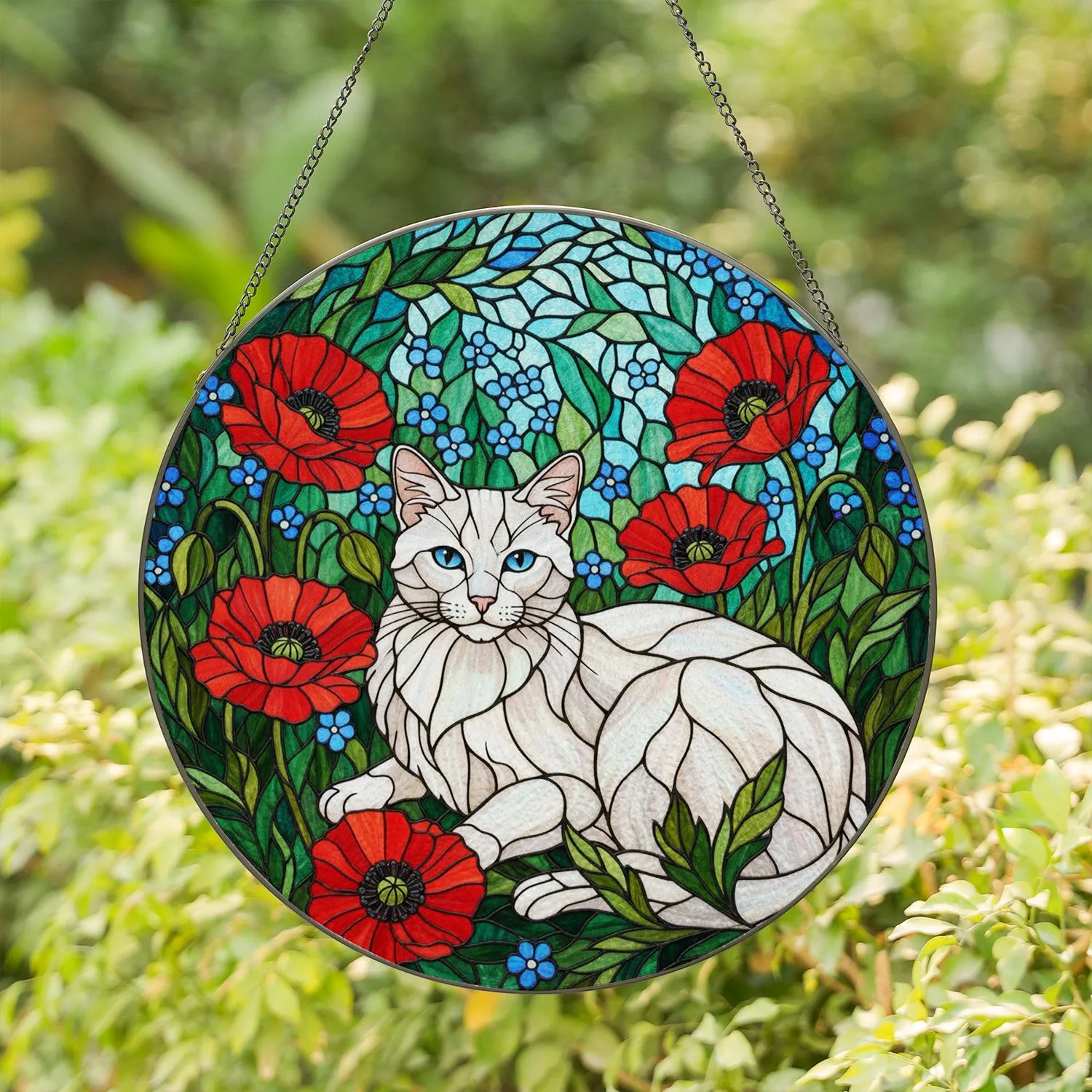 White Cat Red Poppy Stained Glass Mosaic with Piercing Blue Eyes & Green Foliage Stained Glass Suncatcher - 1