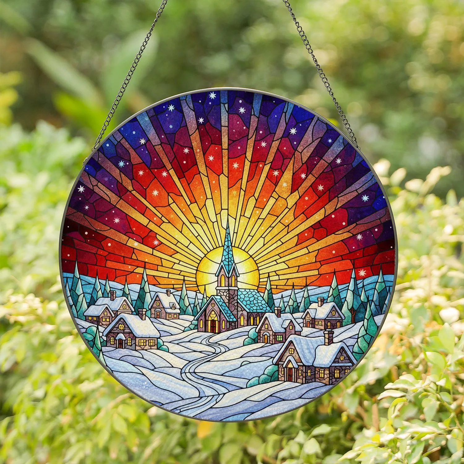 Winter Village Church Sunset Snow Hills - Tiffany Style Radiant Jewel Tone Stained Glass Art Stained Glass Suncatcher - 1