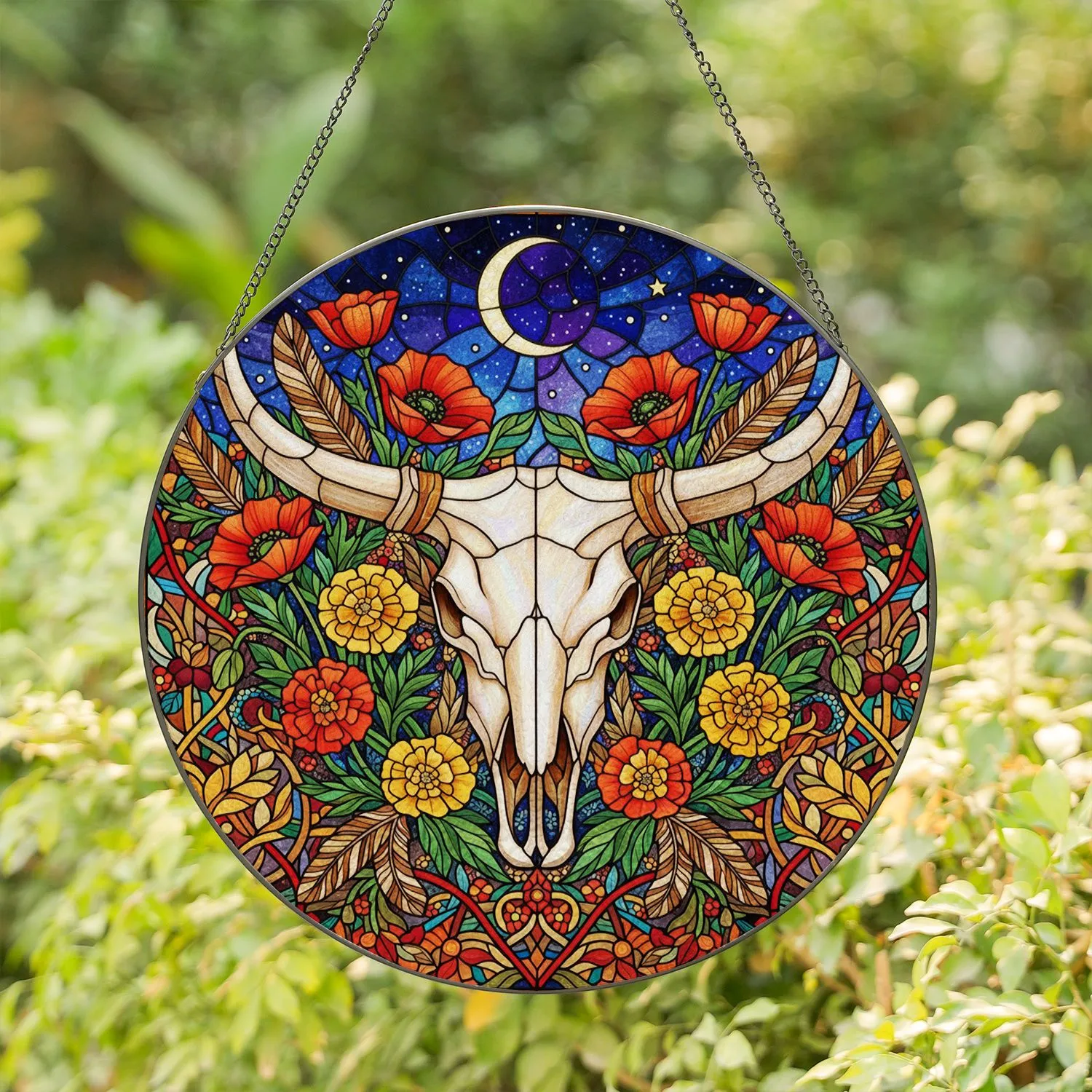 Bull Skull Tiffany Stained Glass Art Poppies Marigolds Starry Night Moon Botanical Foliage Decor Stained Glass Suncatcher - 1