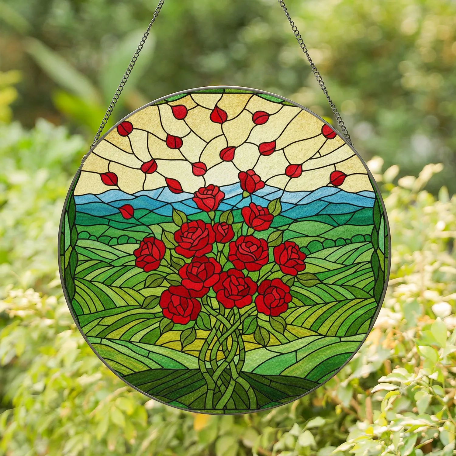 Tiffany Style Stained Glass Red Roses & Petals, Green Hills Blue Mountains Jewel Tones Stained Glass Suncatcher - 1