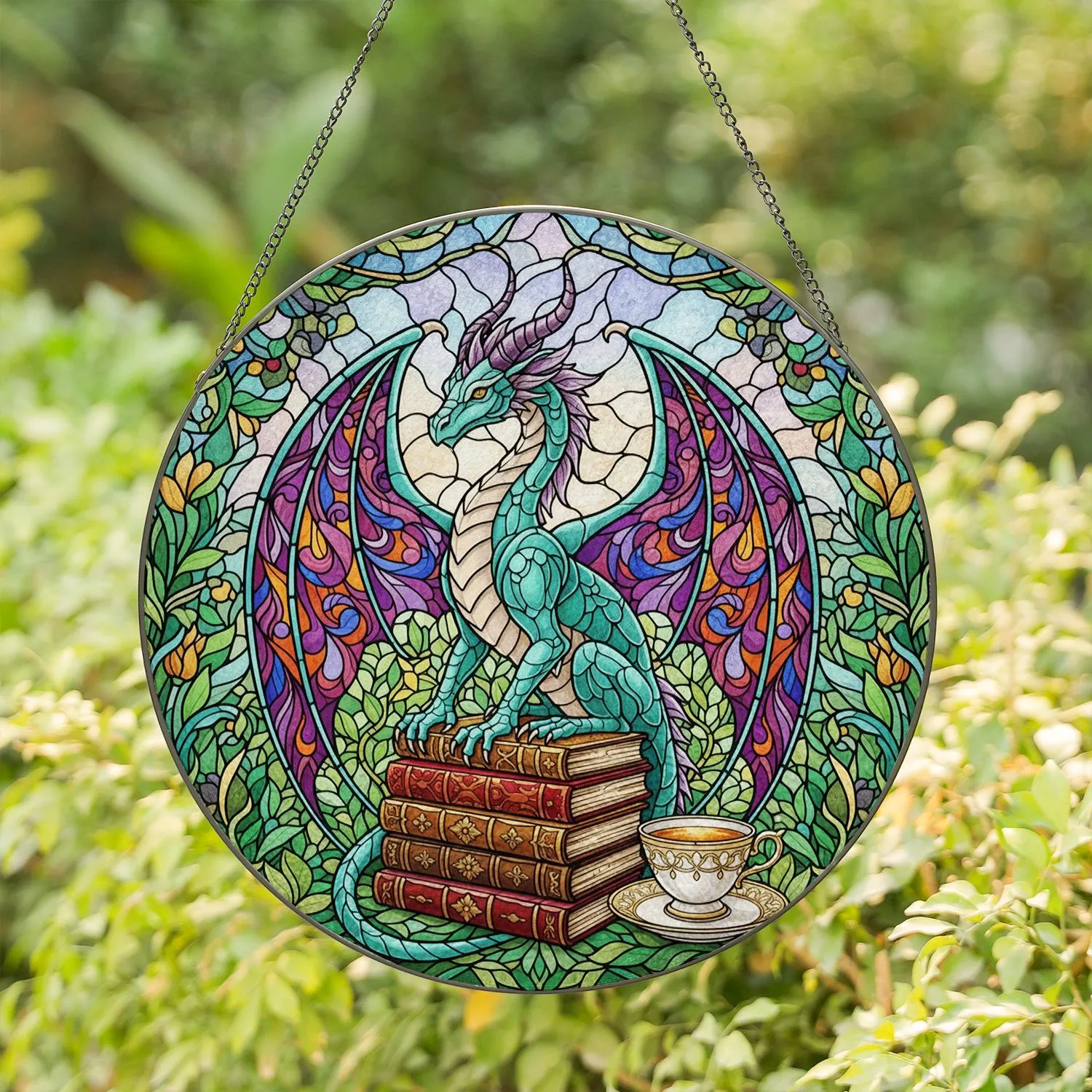 Iridescent Teal Dragon Lavender Pink Stacked Books Teacup Stained Glass Jewel Tone Stained Glass Suncatcher - 1