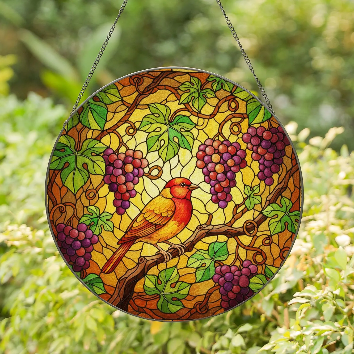 Vibrant Red Chest Bird Grapes Vines Leaves Stained Glass Dappled Sunlight Design Stained Glass Suncatcher - 1