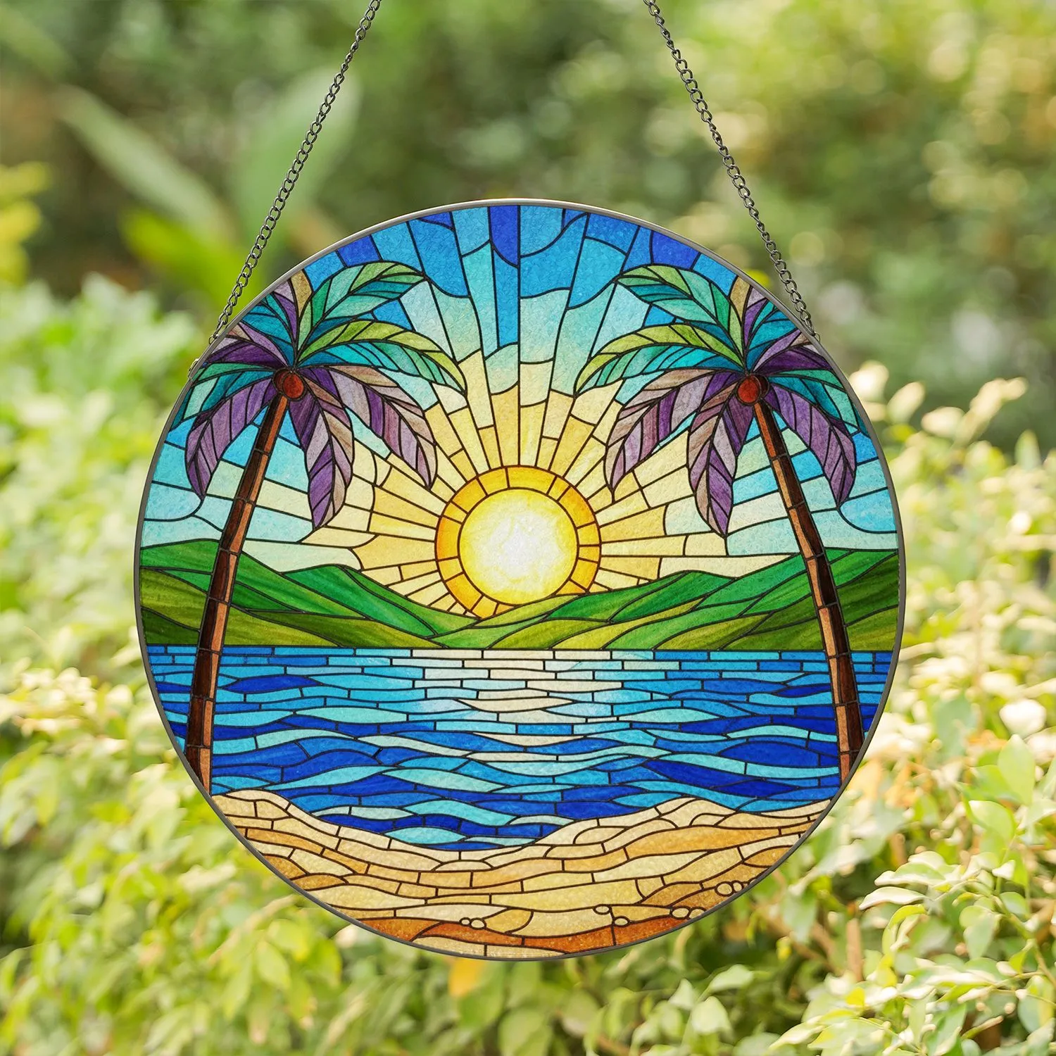 Tiffany Stained Glass Sun Palm Trees Ocean Beach Hills Intricate Colorful Jewel Tones Stained Glass Suncatcher - 1