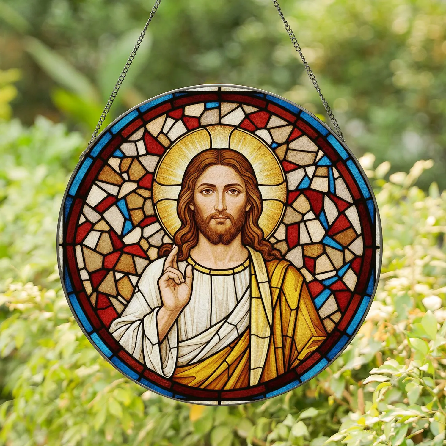 Jesus Christ Portrait Stained Glass - Golden Halo Blessing Christian Home Decor Gift Stained Glass Suncatcher - 1