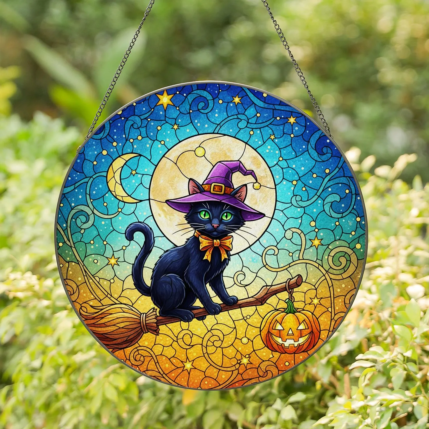 Black Cat Witch Hat Broomstick Jack-o'-lantern Moon - Halloween Night Sky Stained Glass Stained Glass Suncatcher - 1