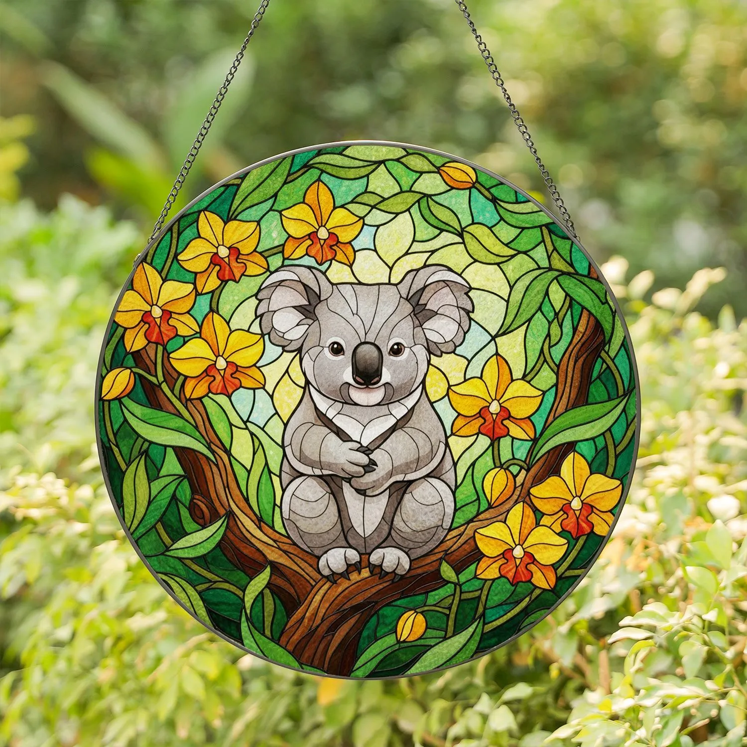 Koala Bear Orchid Stained Glass Mosaic Art - Glowing Translucent Tiffany Style Home Decor Stained Glass Suncatcher - 1