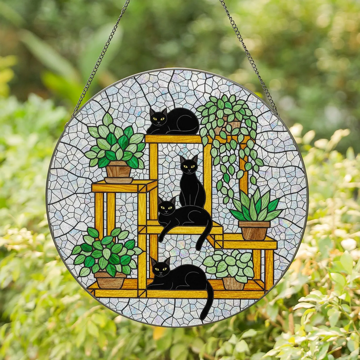 Black Cats Plant Stand Tiffany Stained Glass Succulent Vine - Cat Plant Lover Home Decor Stained Glass Suncatcher - 1