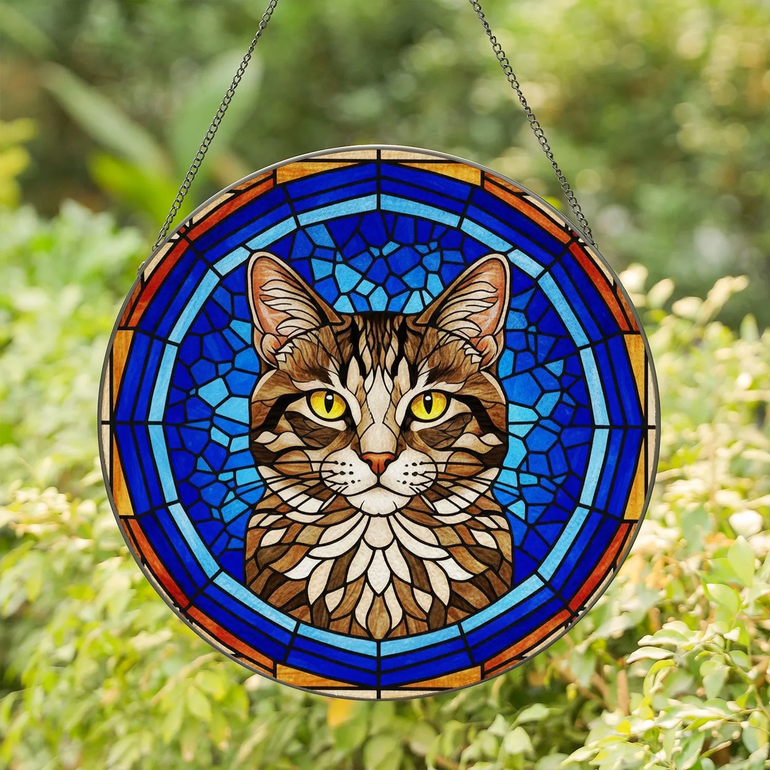 Tabby Cat Face Stained Glass Mosaic Art - Tiffany Style Jewel Tones Home Decor Stained Glass Suncatcher - 1