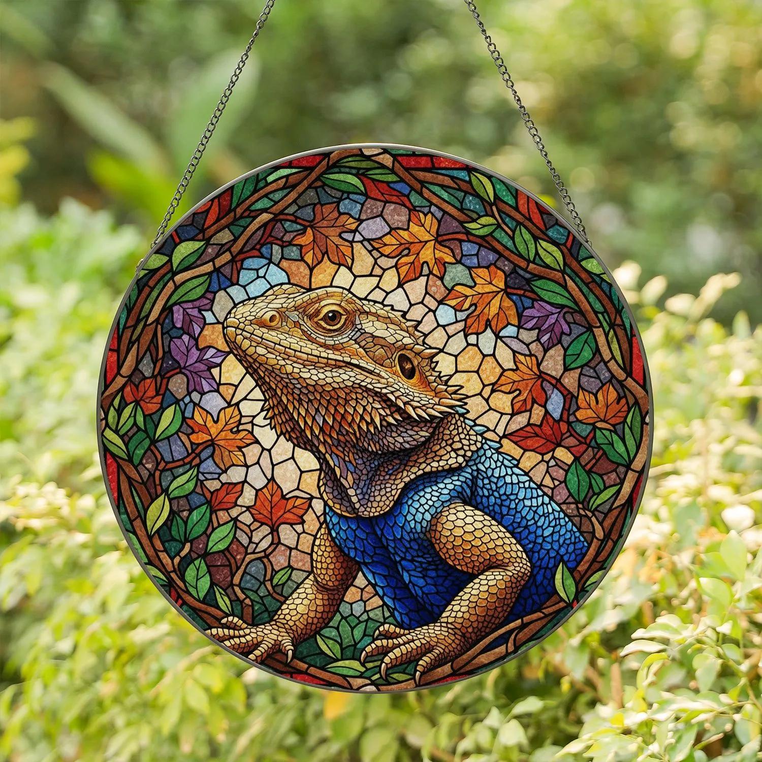 Bearded Dragon Stained Glass Tiffany Style - Autumn Leaves Foliage Jewel Tone Mosaic Stained Glass Suncatcher - 1