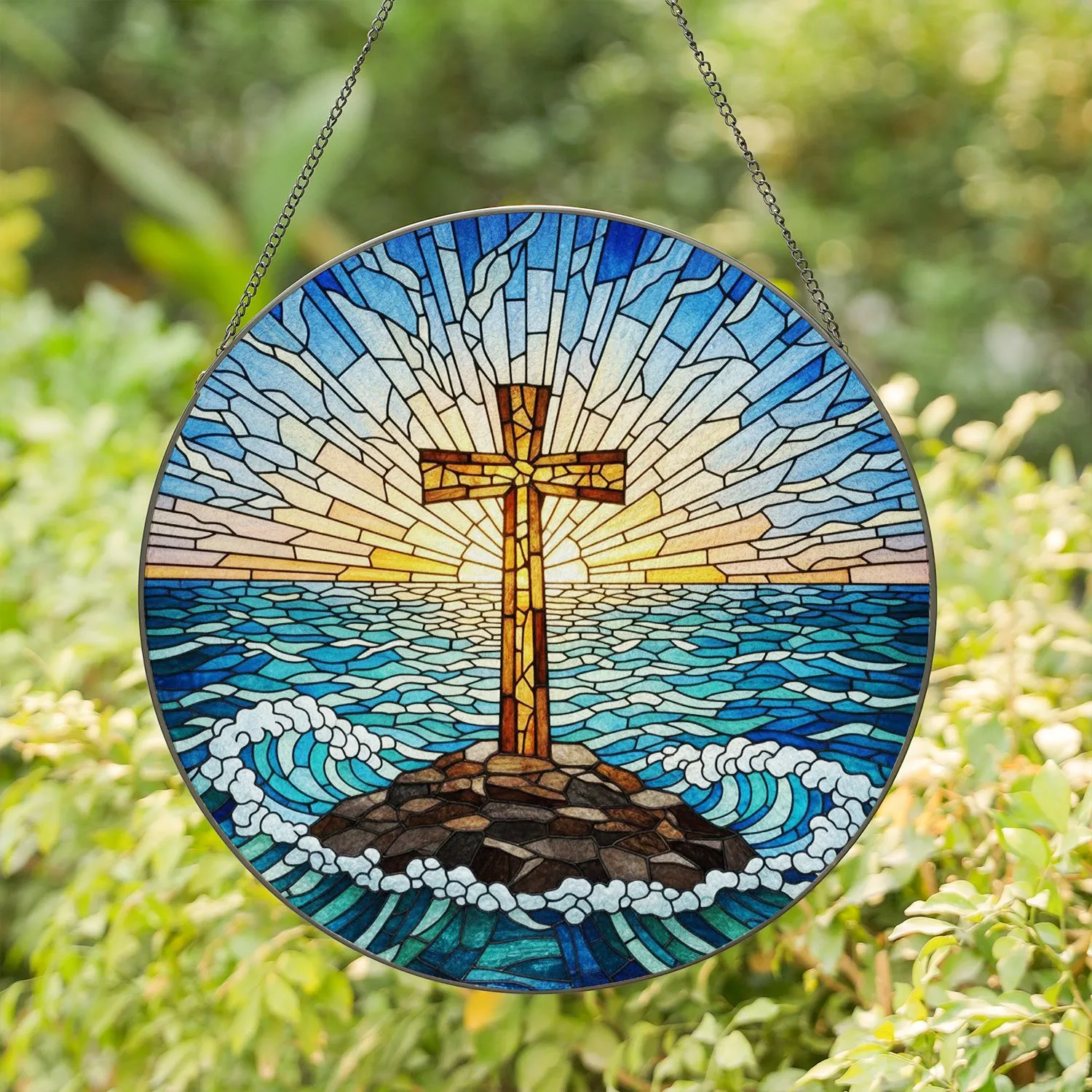 Rugged Christian Cross Frothing Ocean Waves Radiant Seascape Sky - Tiffany Stained Glass Stained Glass Suncatcher - 1