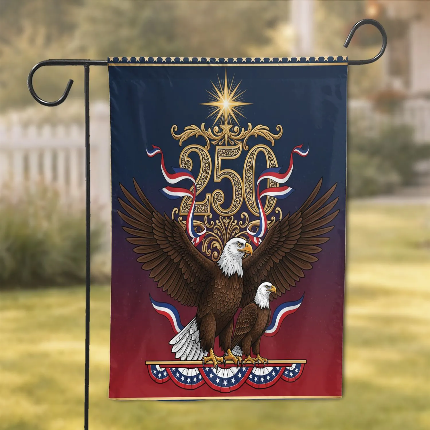 Bald Eagle 250th Anniversary 1776-2026 - Gold Emblem Star of Liberty Patriotic Design Garden Flag - 1