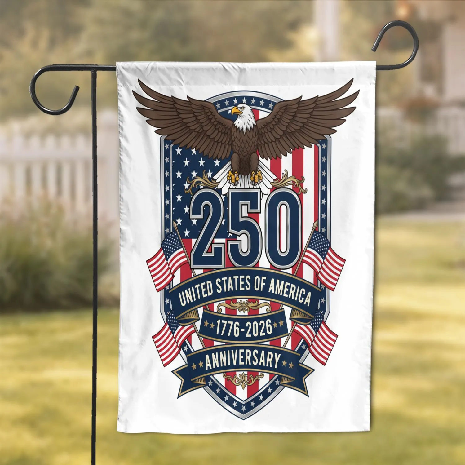 Bald Eagle USA Flag Shield 250th Anniversary 1776-2026 Commemorative Gift Garden Flag - 1