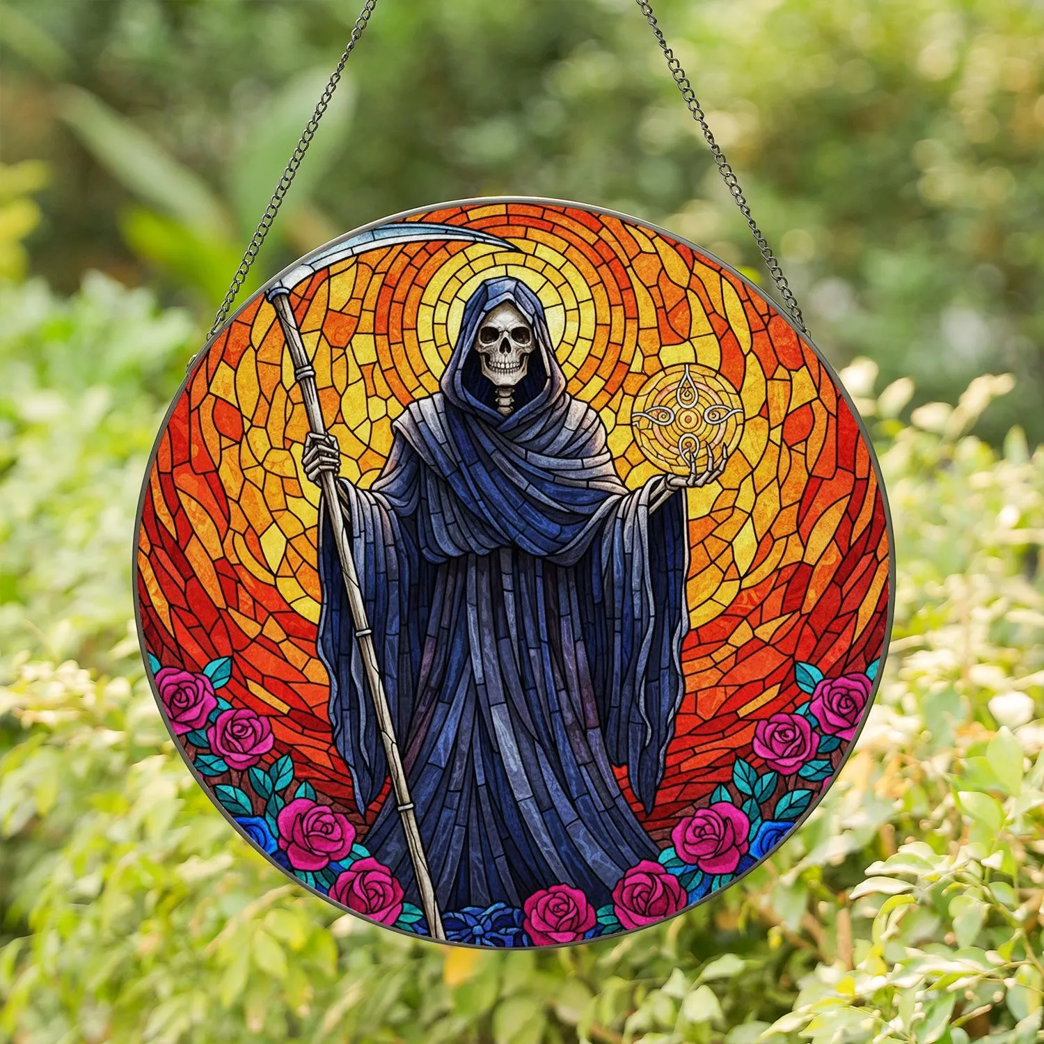 Grim Reaper Skeleton Scythe Arcane Golden Orb Deep Pink Blue Roses Tiffany Stained Glass Stained Glass Suncatcher - 1