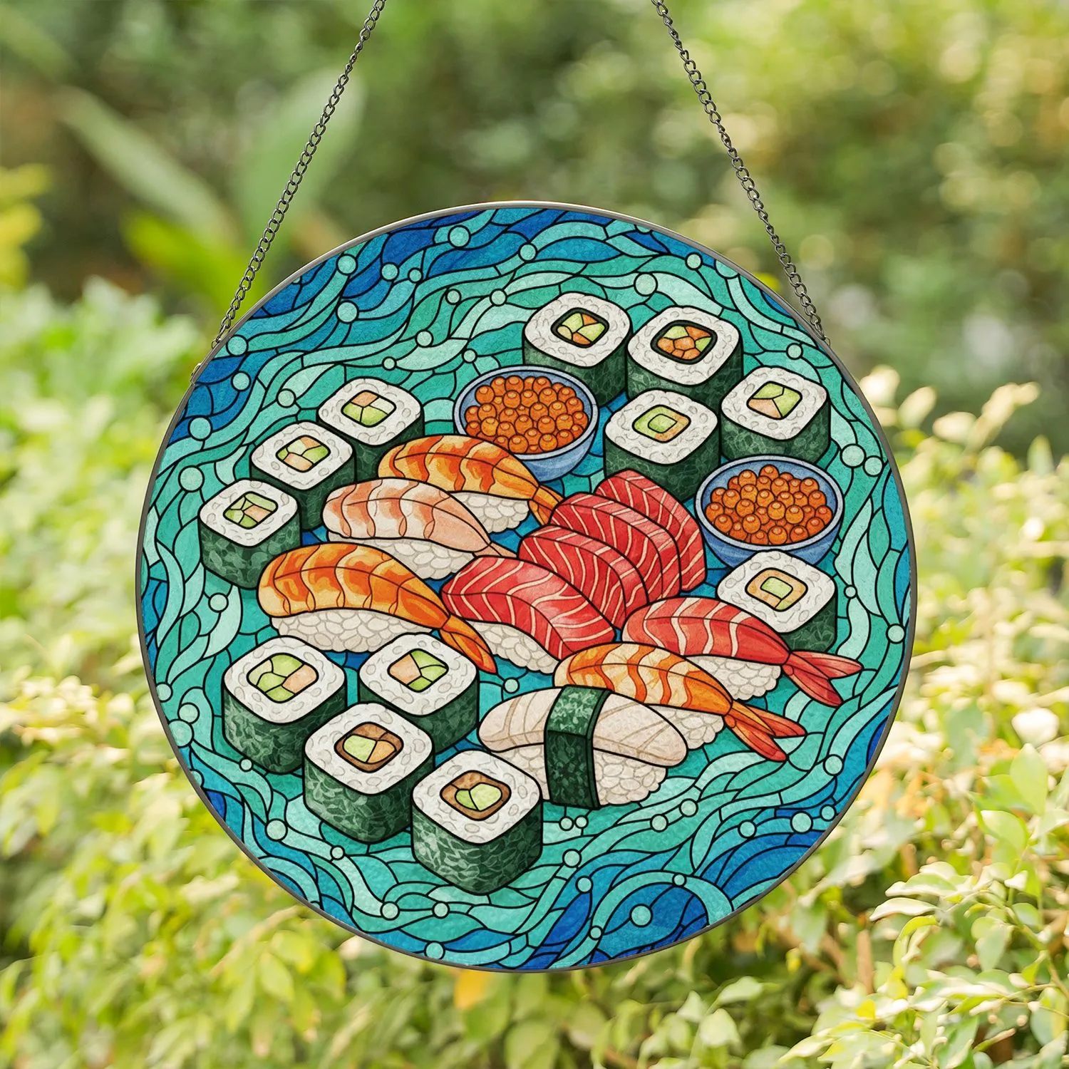 Sushi Platter Nigiri Sashimi Stained Glass Art - Tiffany Style Kitchen Decor Gift Stained Glass Suncatcher - 1