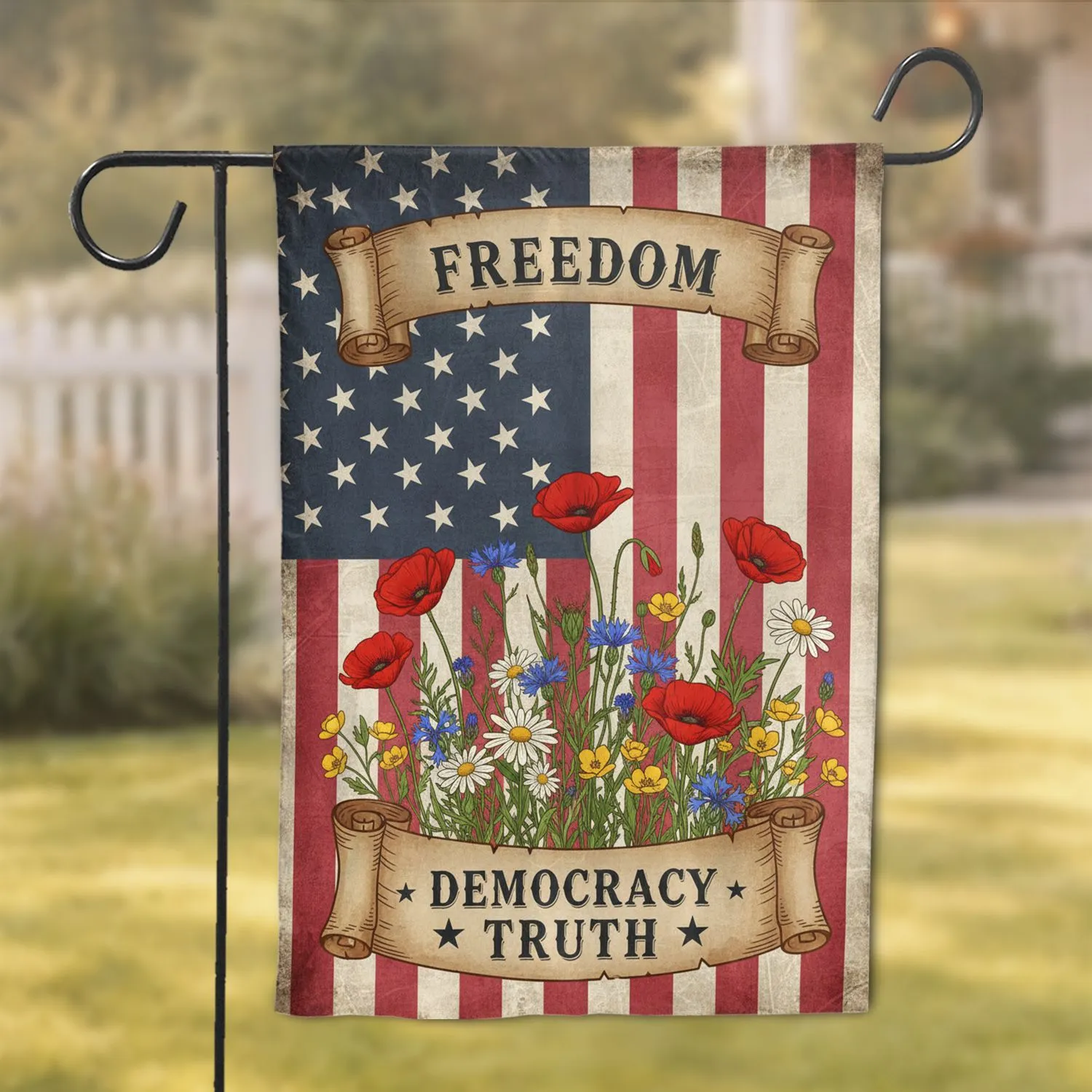 Distressed American Flag Wildflowers - Freedom Democracy Truth USA 250th Anniversary 1776-2026 Garden Flag - 1