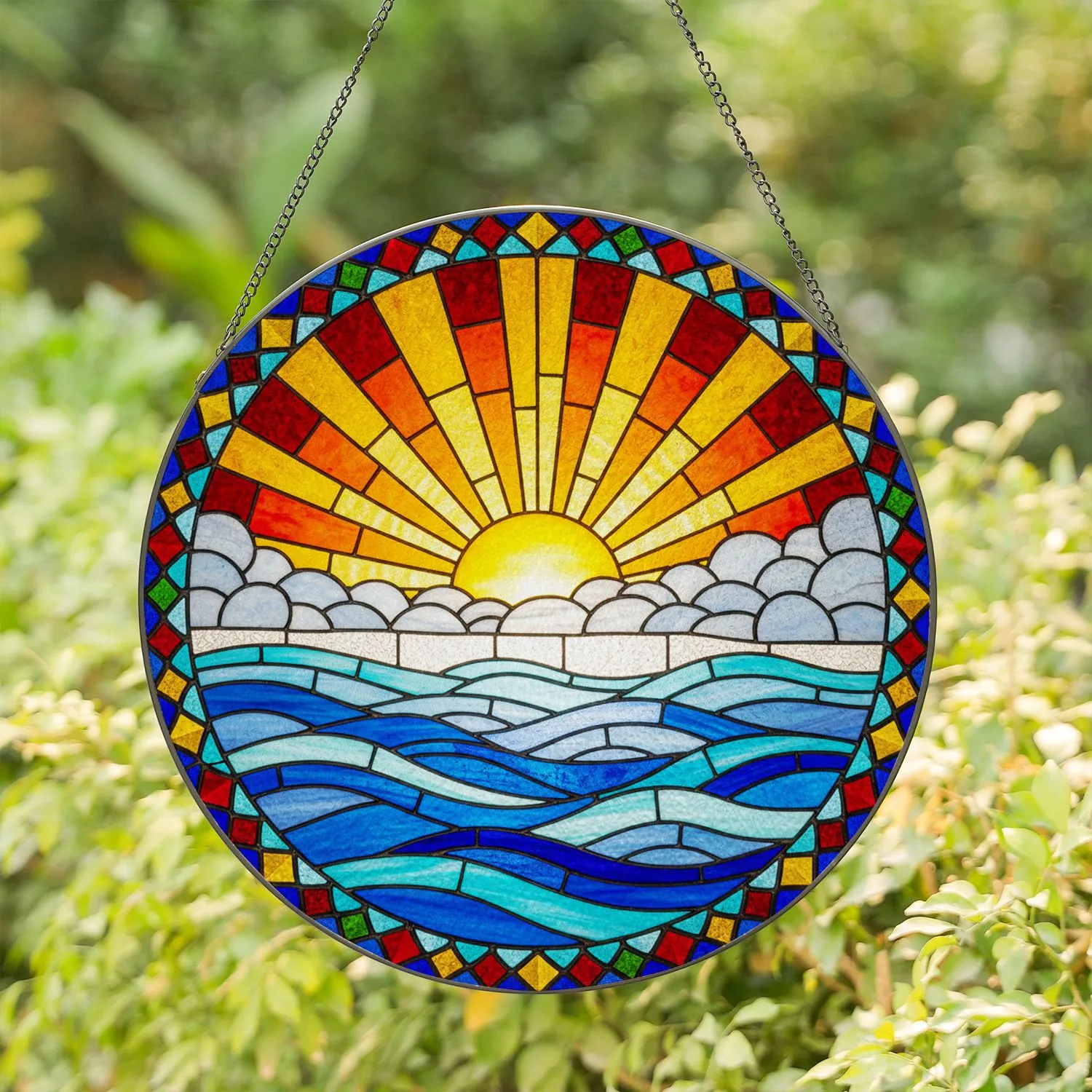 Tiffany Glass Sun Clouds Ocean Waves Mosaic Radial Beams Jewel Tones Stained Glass Style Stained Glass Suncatcher - 1