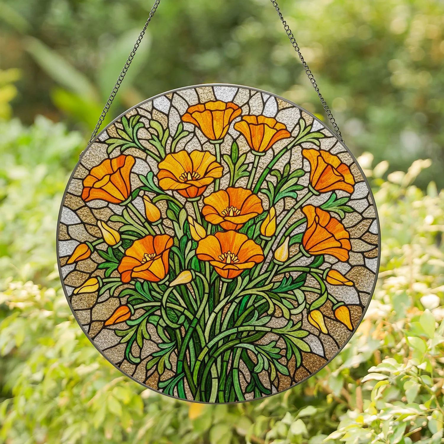 California Poppies Stained Glass Art - Tiffany Floral Mosaic with Intricate Patterns Stained Glass Suncatcher - 1