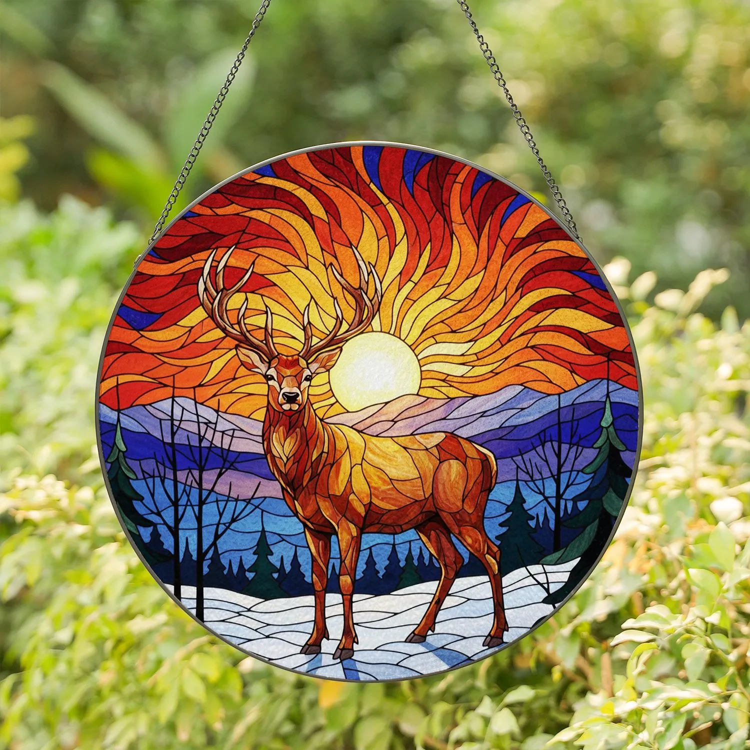 Majestic Stag Winter Forest Mountain Sunset Sky Tiffany Jewel Tone Stained Glass Stained Glass Suncatcher - 1