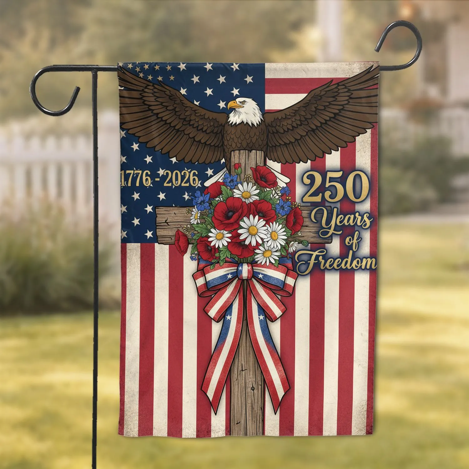 Bald Eagle American Flag 1776-2026 - USA 250 Years of Freedom Patriotic Floral Cross Garden Flag - 1