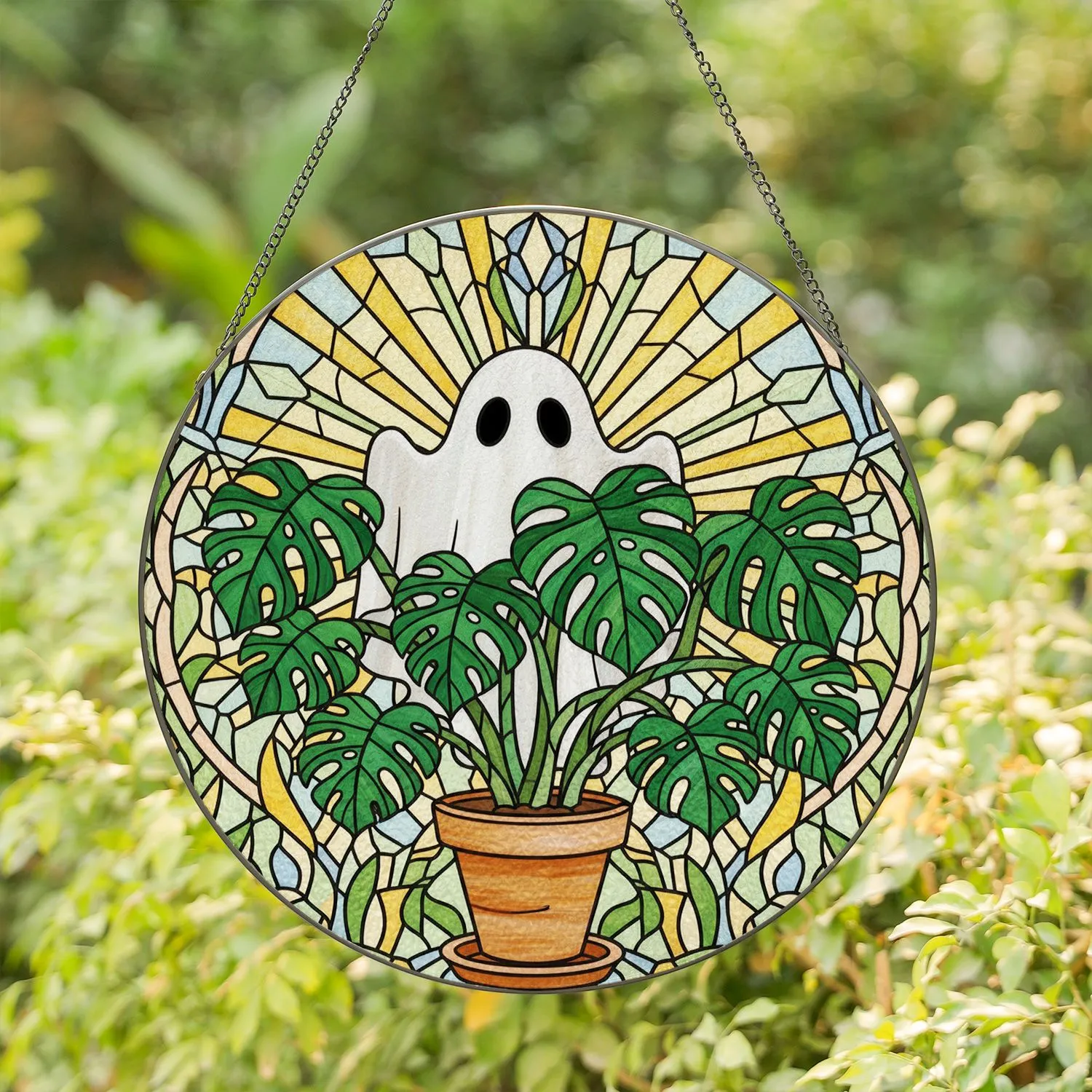 Sheet Ghost Monstera Plant Stained Glass Tiffany Jewel Tones Botanical Mosaic Window Stained Glass Suncatcher - 1