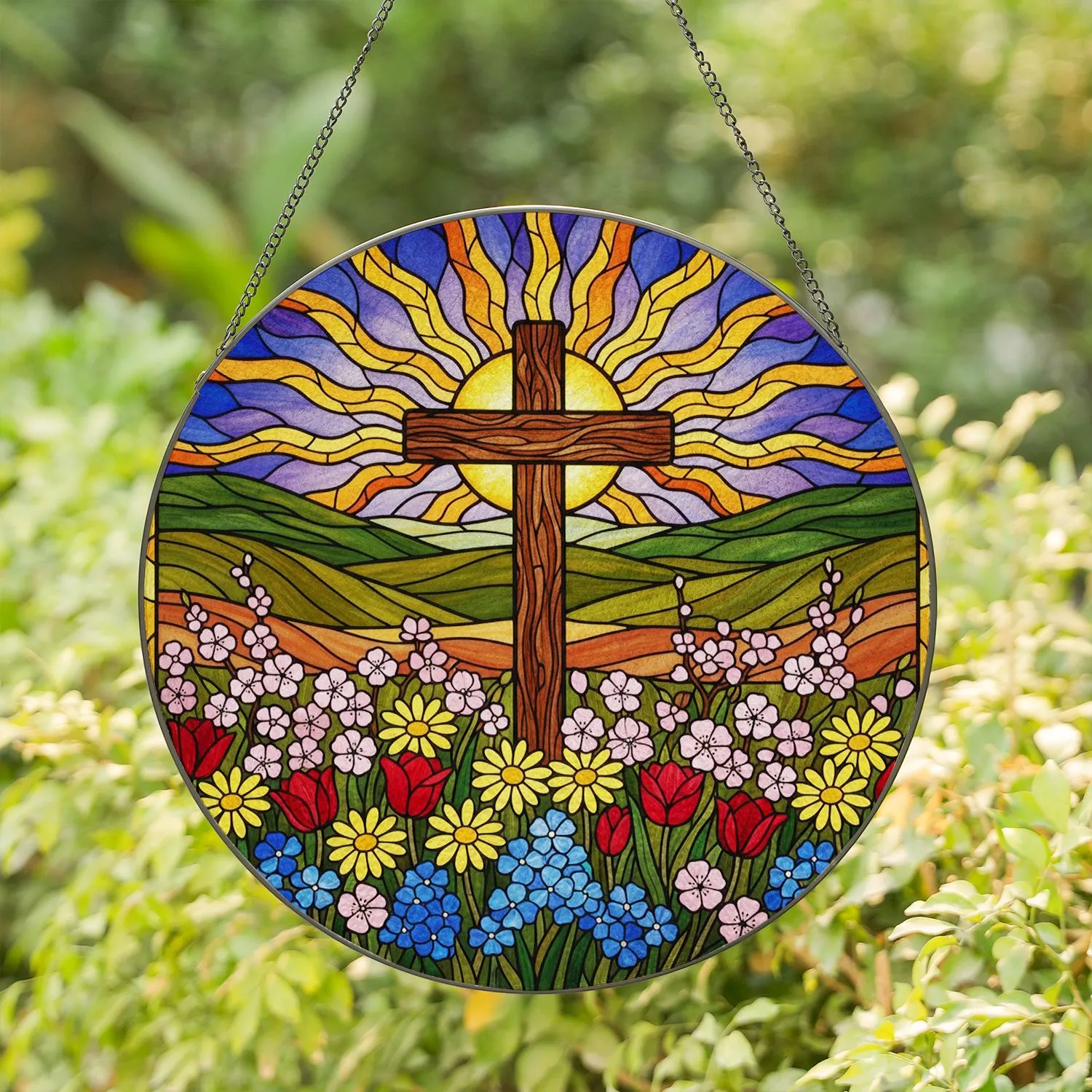 Tiffany Style Stained Glass Wooden Cross Wildflowers Rolling Hills Sunburst Sky Jewel Tone Stained Glass Suncatcher - 1