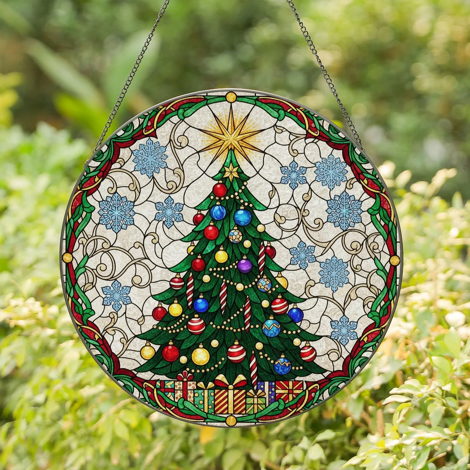 Conical Christmas Tree Stained Glass Ornaments Golden Star Snowflake Garland - Holiday Gift Stained Glass Suncatcher - 1