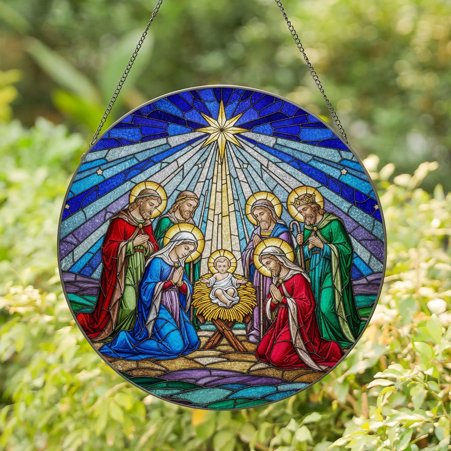 Nativity Scene Baby Jesus Mary Joseph Wise Men Radiant Starburst Christmas Holiday Gift Stained Glass Suncatcher - 1