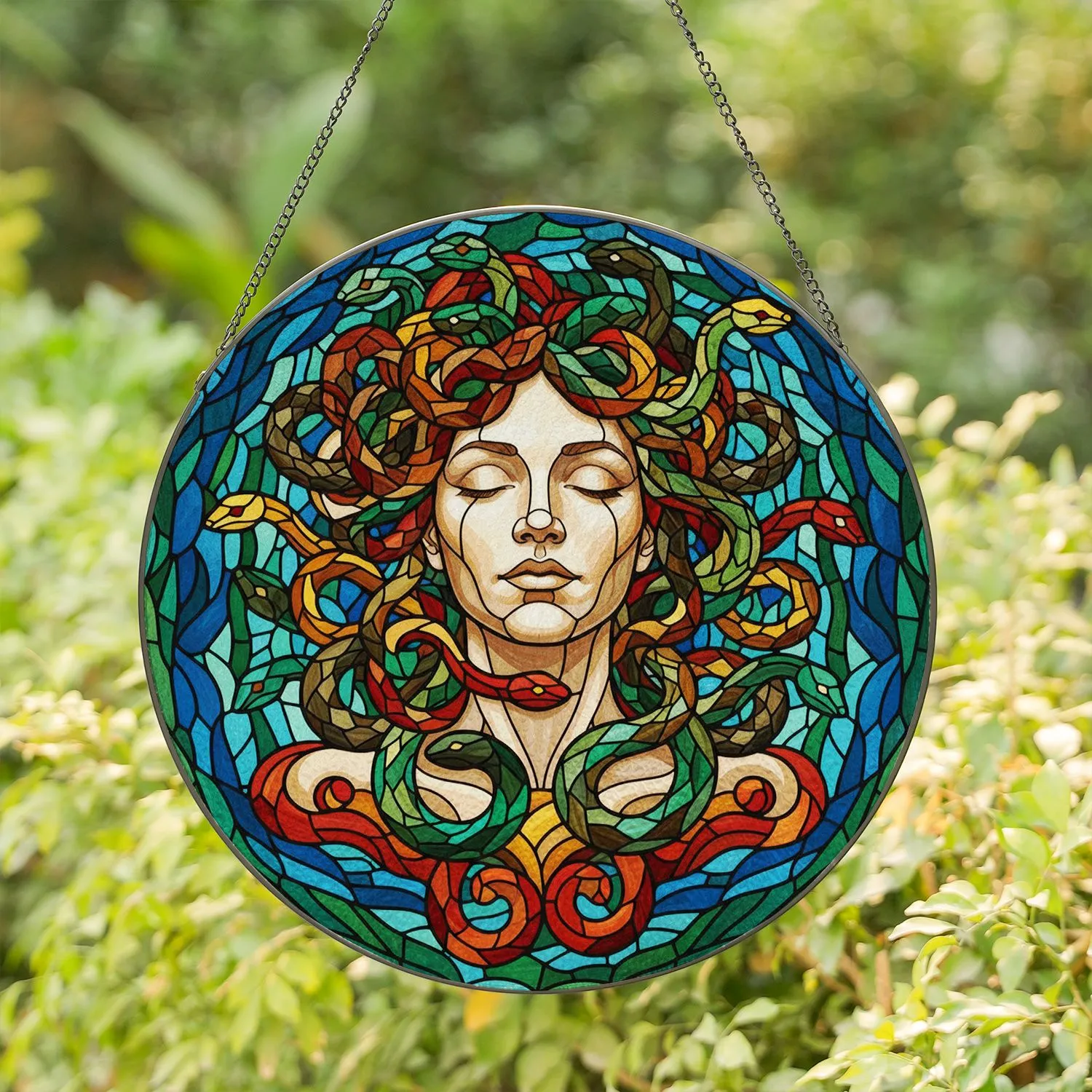 Medusa Stained Glass with Serene Face, Tiffany Style Snakes & Mosaic Tessellation Stained Glass Suncatcher - 1