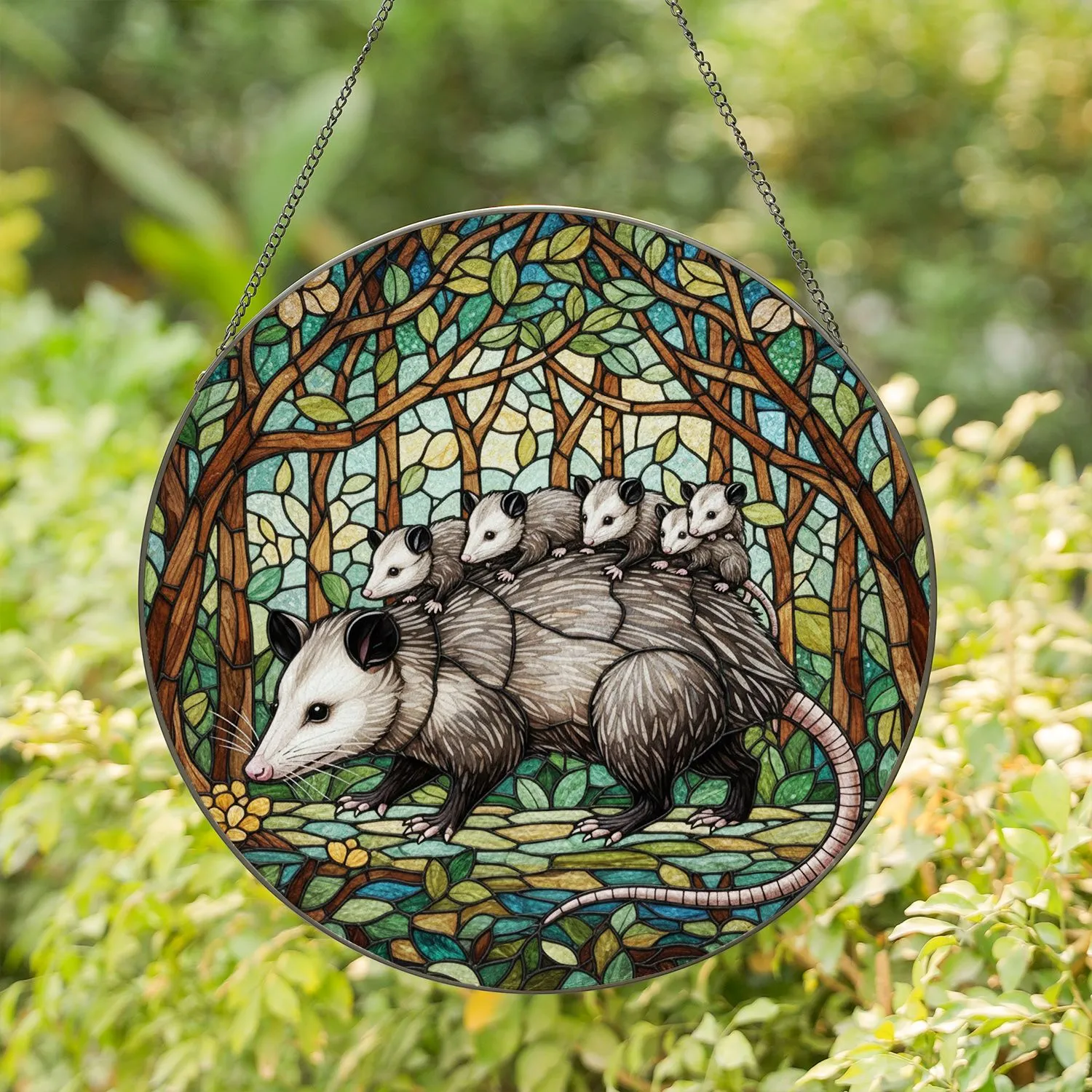 Opossum Family Stained Glass Mosaic Forest Art - Tiffany Style Jewel Tones Wildlife Display Stained Glass Suncatcher - 1