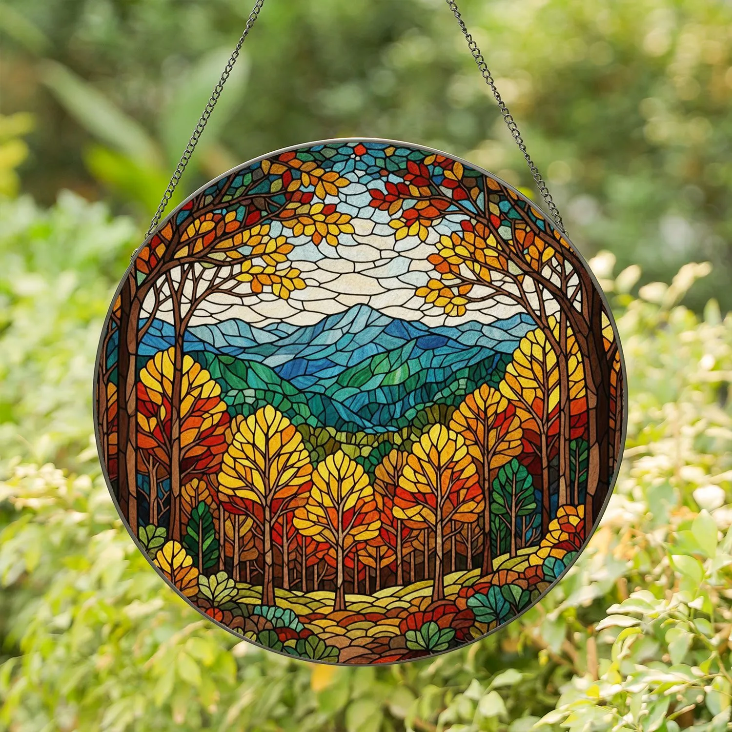 Tiffany Style Stained Glass Fall Mountain Forest Landscape - Autumn Home Decor Gift Stained Glass Suncatcher - 1