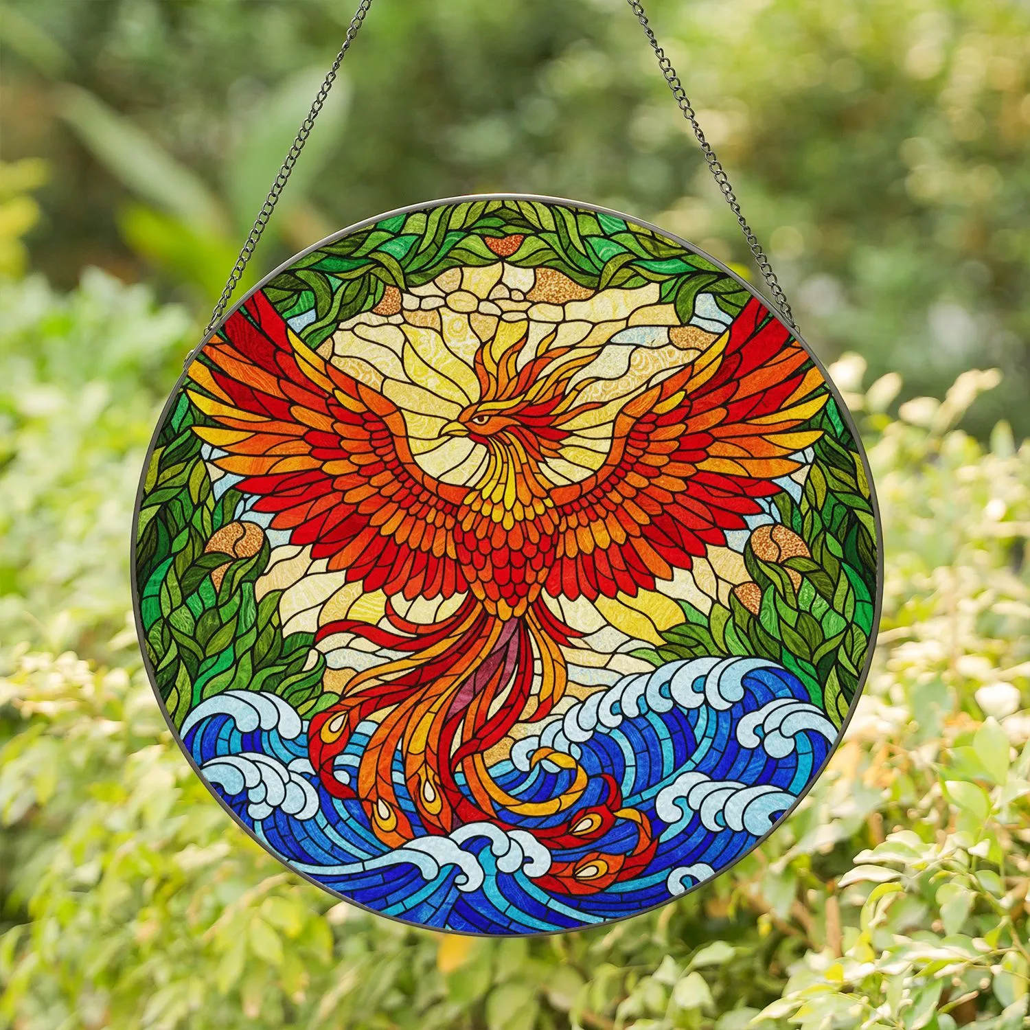 Phoenix Stained Glass Tiffany Style Art with Swirling Waves & Jewel Tones Home Decor Stained Glass Suncatcher - 1