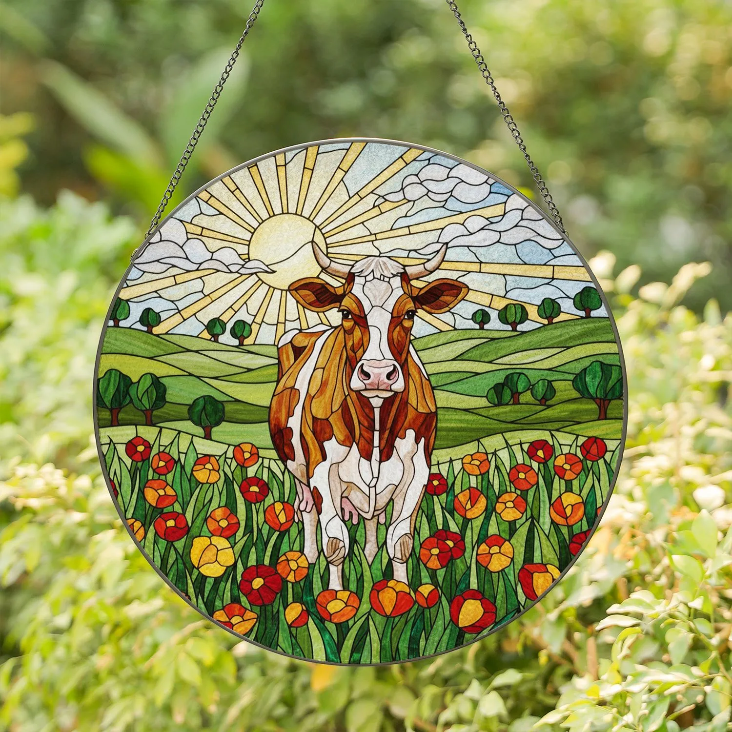 Tiffany Style Stained Glass Dairy Cow Farm Scene - Meadow Flowers & Rolling Hills Sun Stained Glass Suncatcher - 1