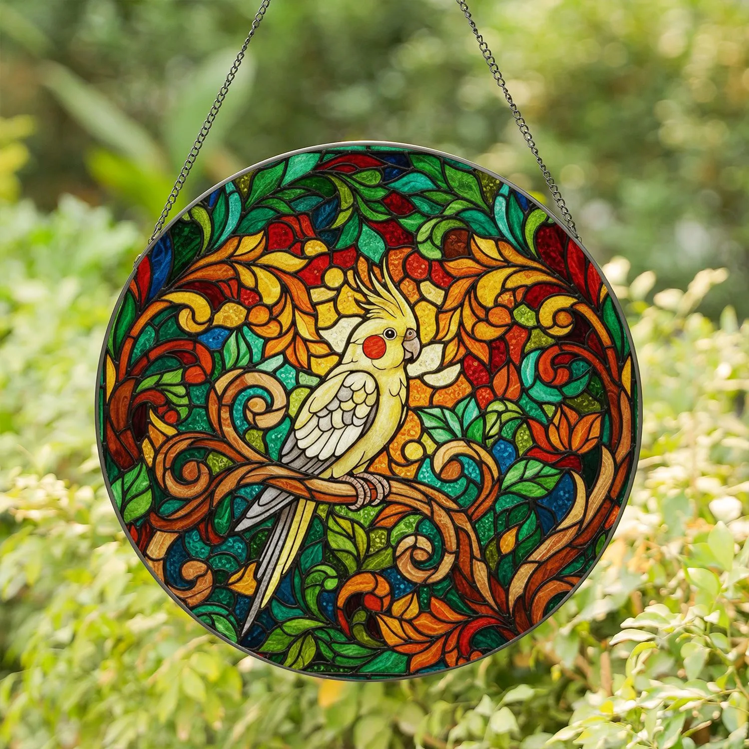 Stained Glass Tiffany Cockatiel Bird Suncatcher with Green Leaves, Orange Yellow Mosaic Stained Glass Suncatcher - 1