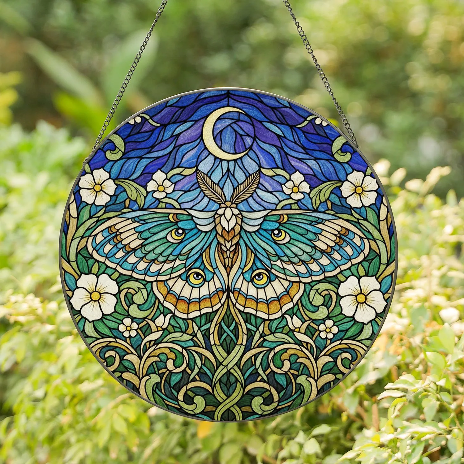 Majestic Moth Golden Crescent Moon Ornate Flowers Stained Glass Tiffany Style Art Stained Glass Suncatcher - 1