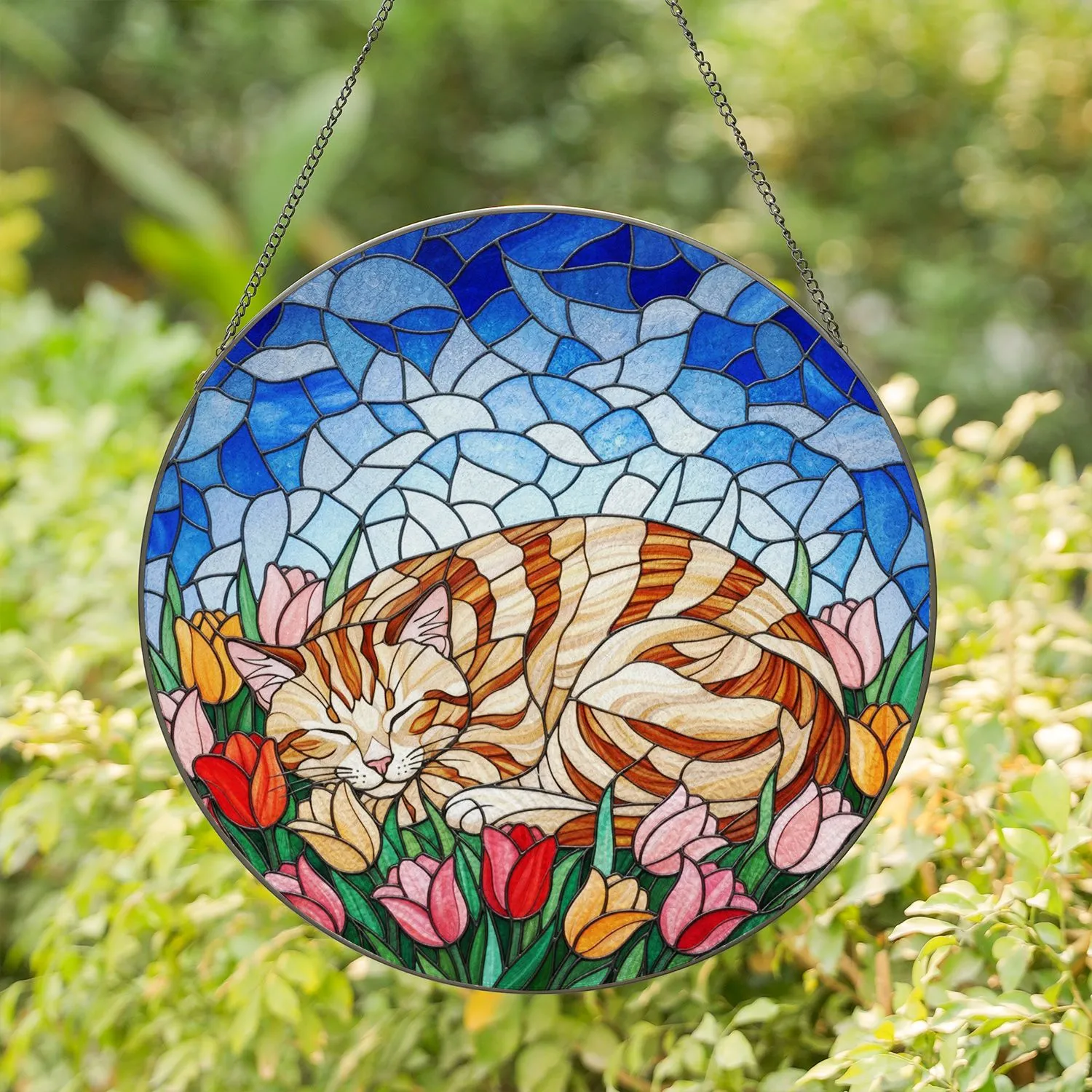 Curled Sleeping Tabby Cat Tulips - Tiffany Stained Glass Jewel Tone Cat Lover Gift Stained Glass Suncatcher - 1