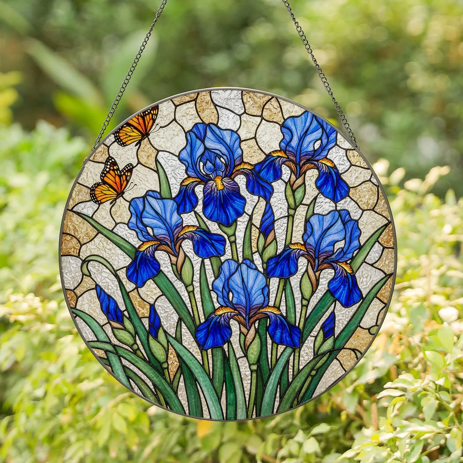 Blue Iris Flowers Stained Glass Butterfly Window Panel - Tiffany Style Home Decor Gift Stained Glass Suncatcher - 1