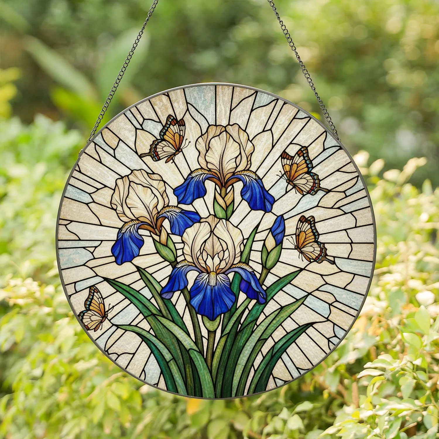 Blooming Irises Butterflies Stained Glass Mosaic Art - Tiffany Style Jewel Tone Home Decor Gift Stained Glass Suncatcher - 1