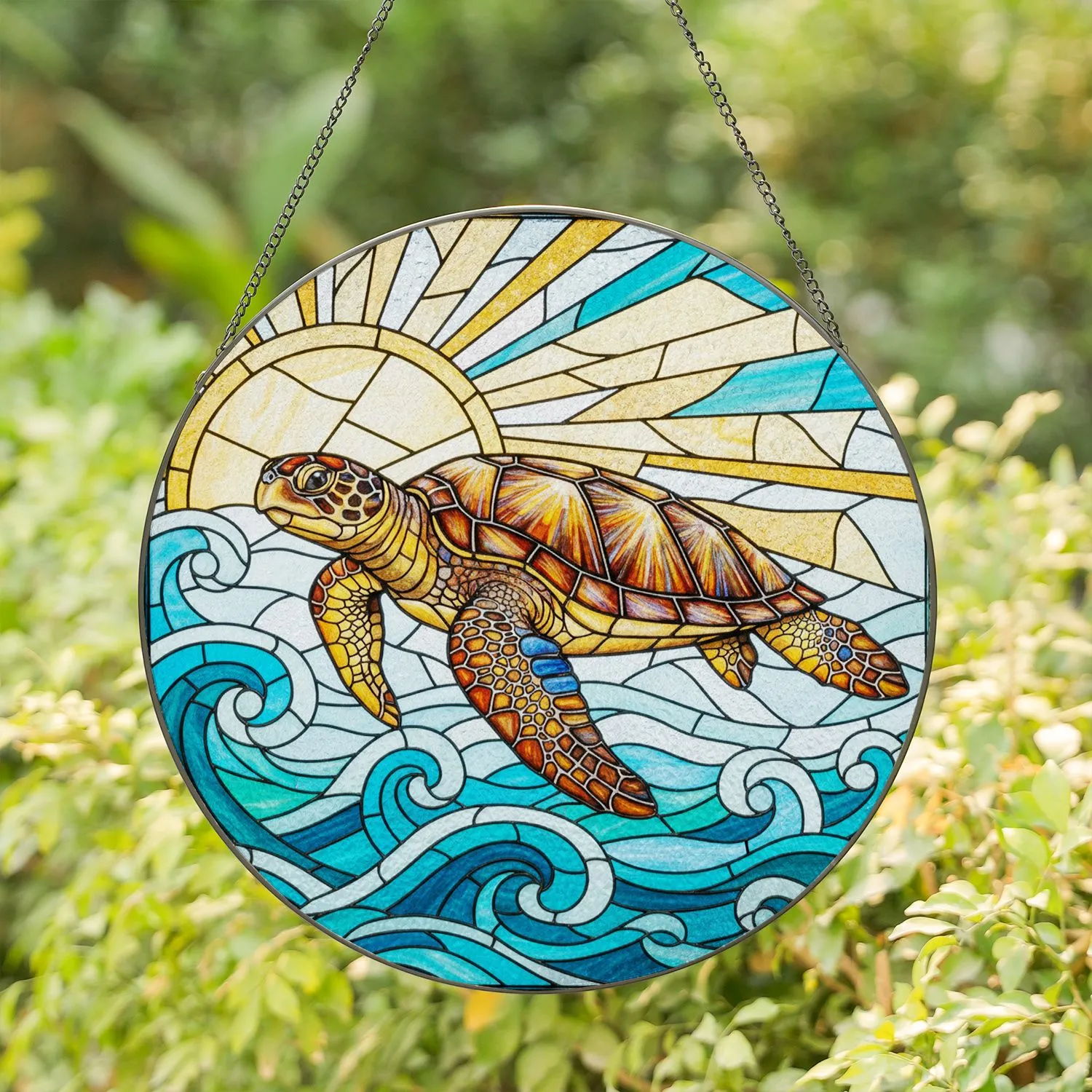 Intricate Sea Turtle Stained Glass Tiffany Style Ocean Waves Sunrays Jewel Tone Art Stained Glass Suncatcher - 1