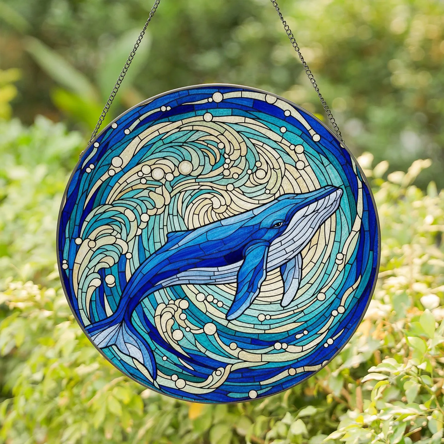 Blue Whale Ocean Waves Stained Glass Tiffany Style Art - Aquatic Life Home Decor Gift Stained Glass Suncatcher - 1