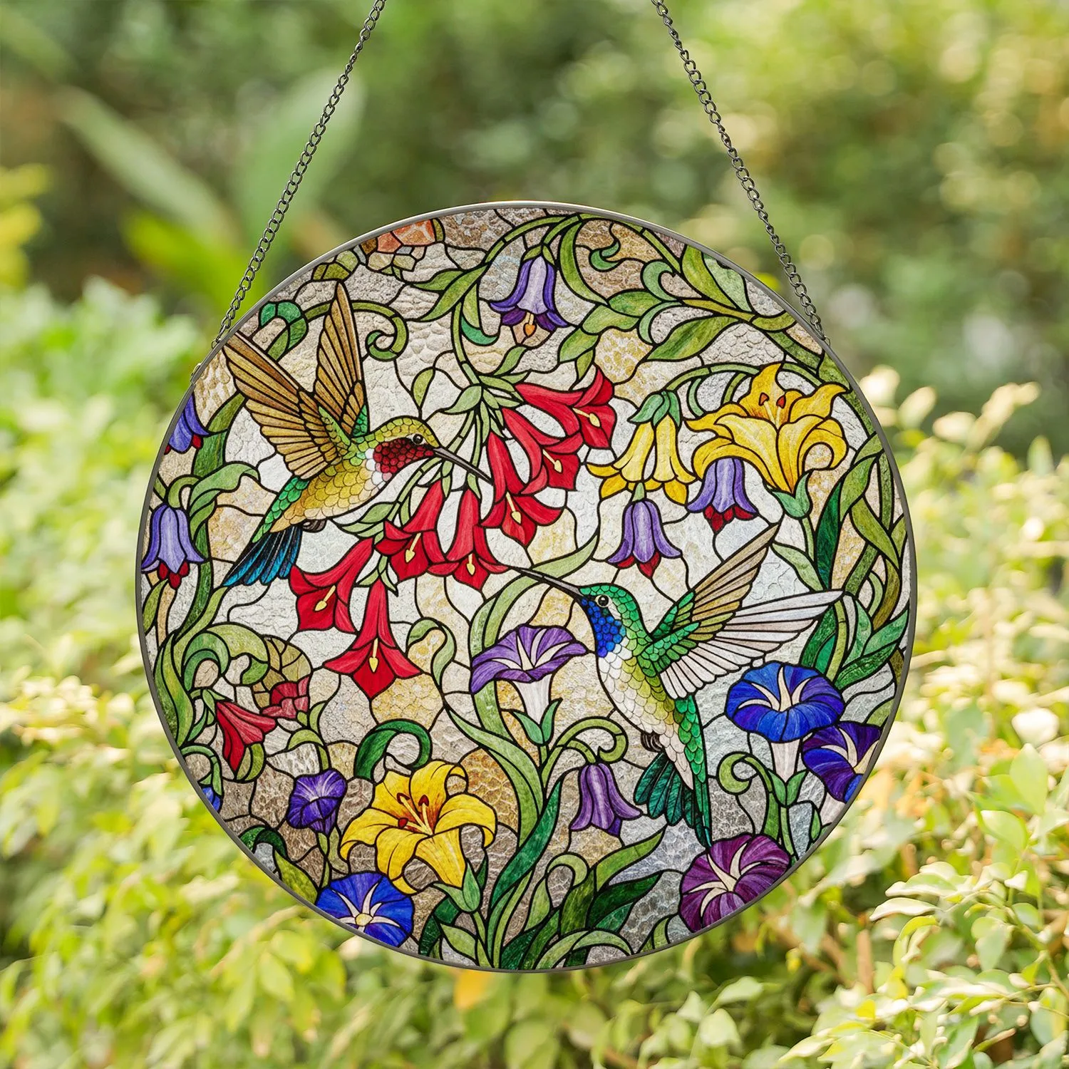 Two Hummingbirds Stained Glass Trumpet Bell Flowers Tiffany Style Jewel Tone Mosaic Art Stained Glass Suncatcher - 1