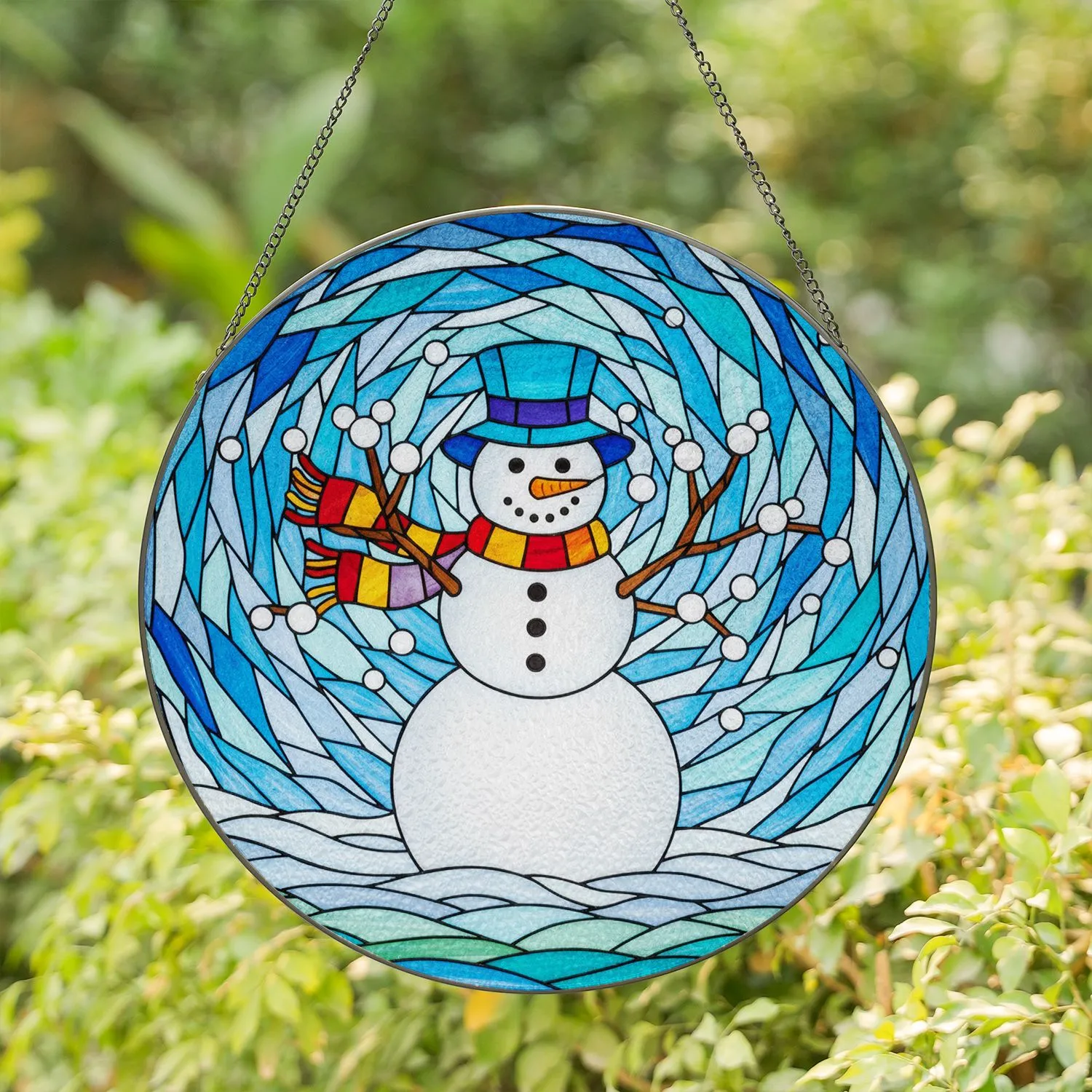 Friendly Snowman Stained Glass Art, Winter Landscape Mosaic, Tiffany Style Decor, Holiday Gift Stained Glass Suncatcher - 1
