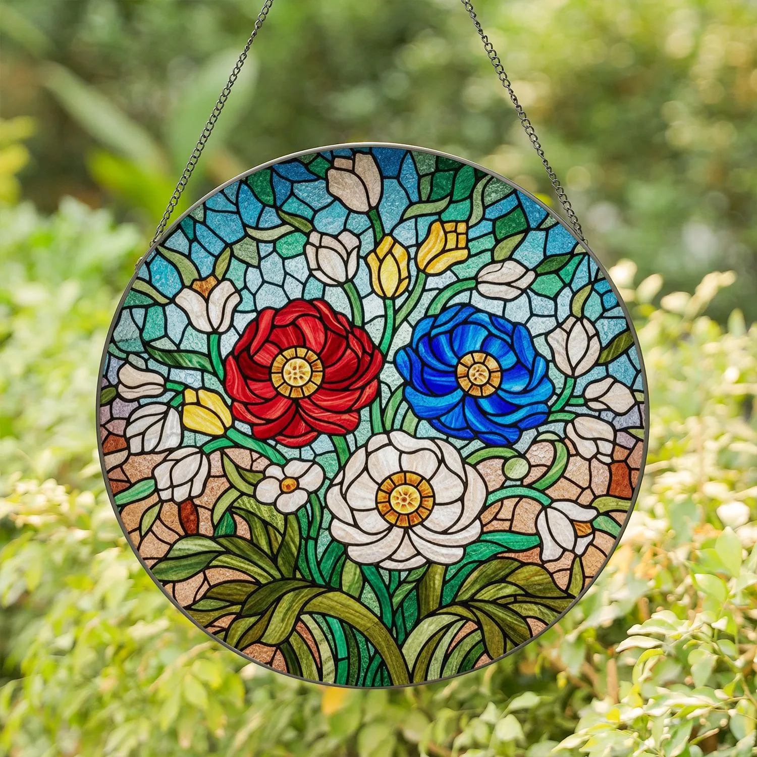 Intricate Stained Glass Floral Bouquet - Tiffany Style Jewel Tone Flower Mosaic Garden Art Stained Glass Suncatcher - 1
