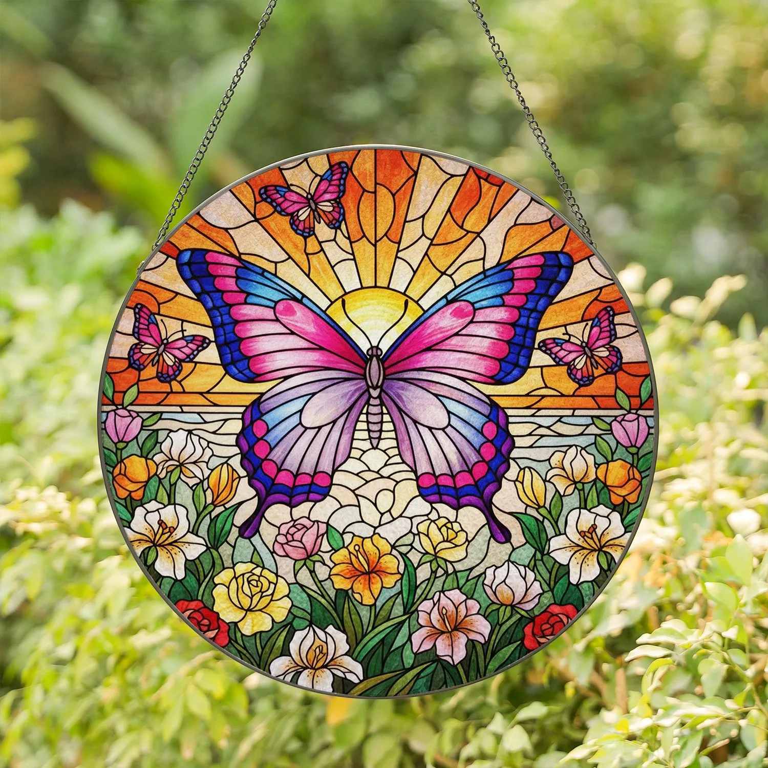 Detailed Stained Glass Butterfly Sun & Flowers - Glowing Jewel Tone Tiffany Decor Art Stained Glass Suncatcher - 1