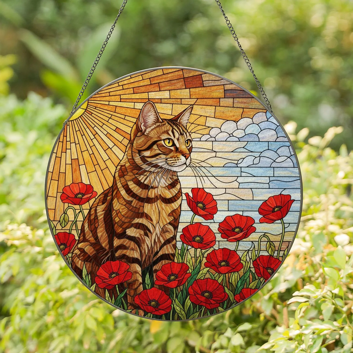 Majestic Tabby Cat Red Poppies Golden Sun Blue Sky - Tiffany Style Stained Glass Stained Glass Suncatcher - 1