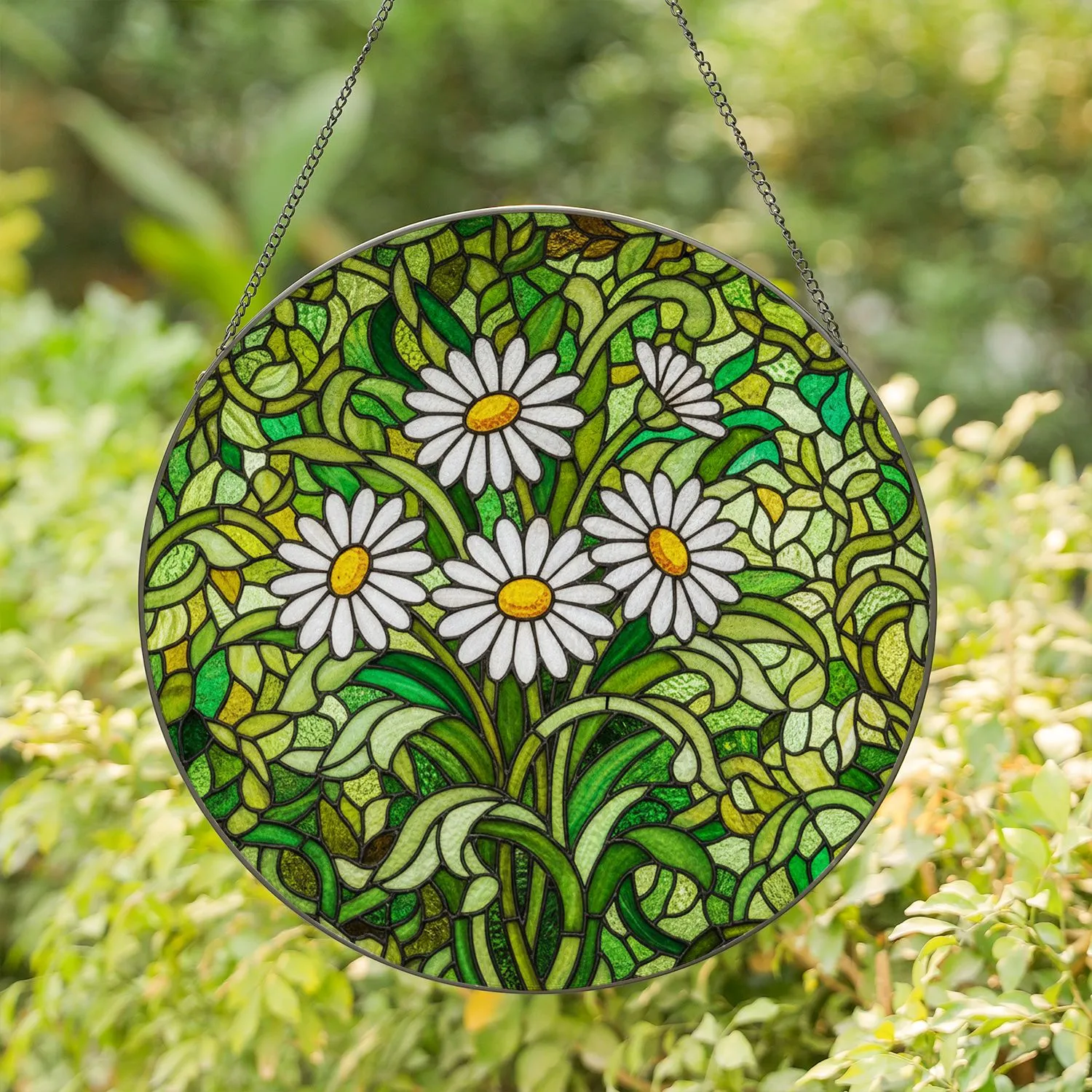 Four White Daisies Green Leaves Tiffany Style Stained Glass Lush Garden Floral Art Stained Glass Suncatcher - 1