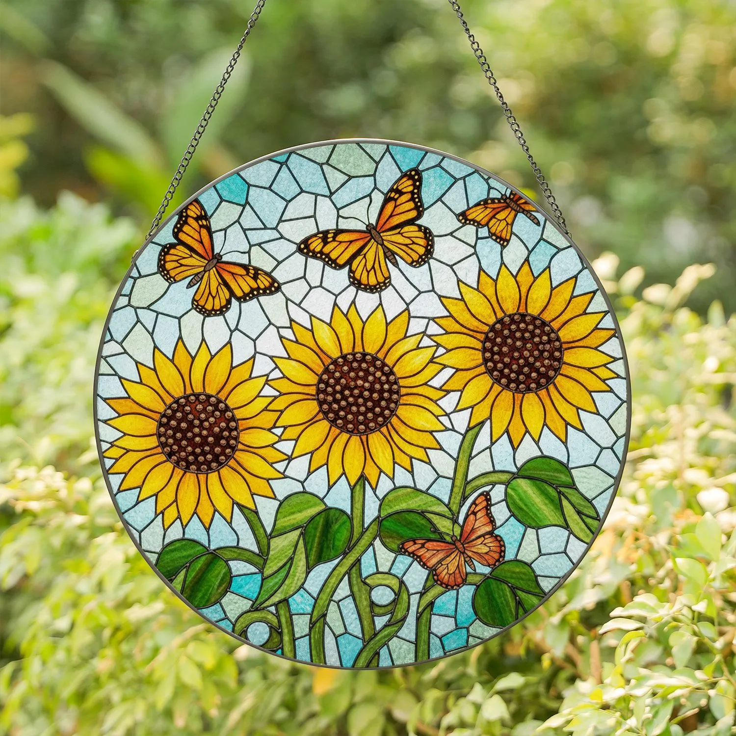 Glowing Stained Glass Sunflowers & Monarch Butterflies - Intricate Mosaic Stained Glass Suncatcher - 1
