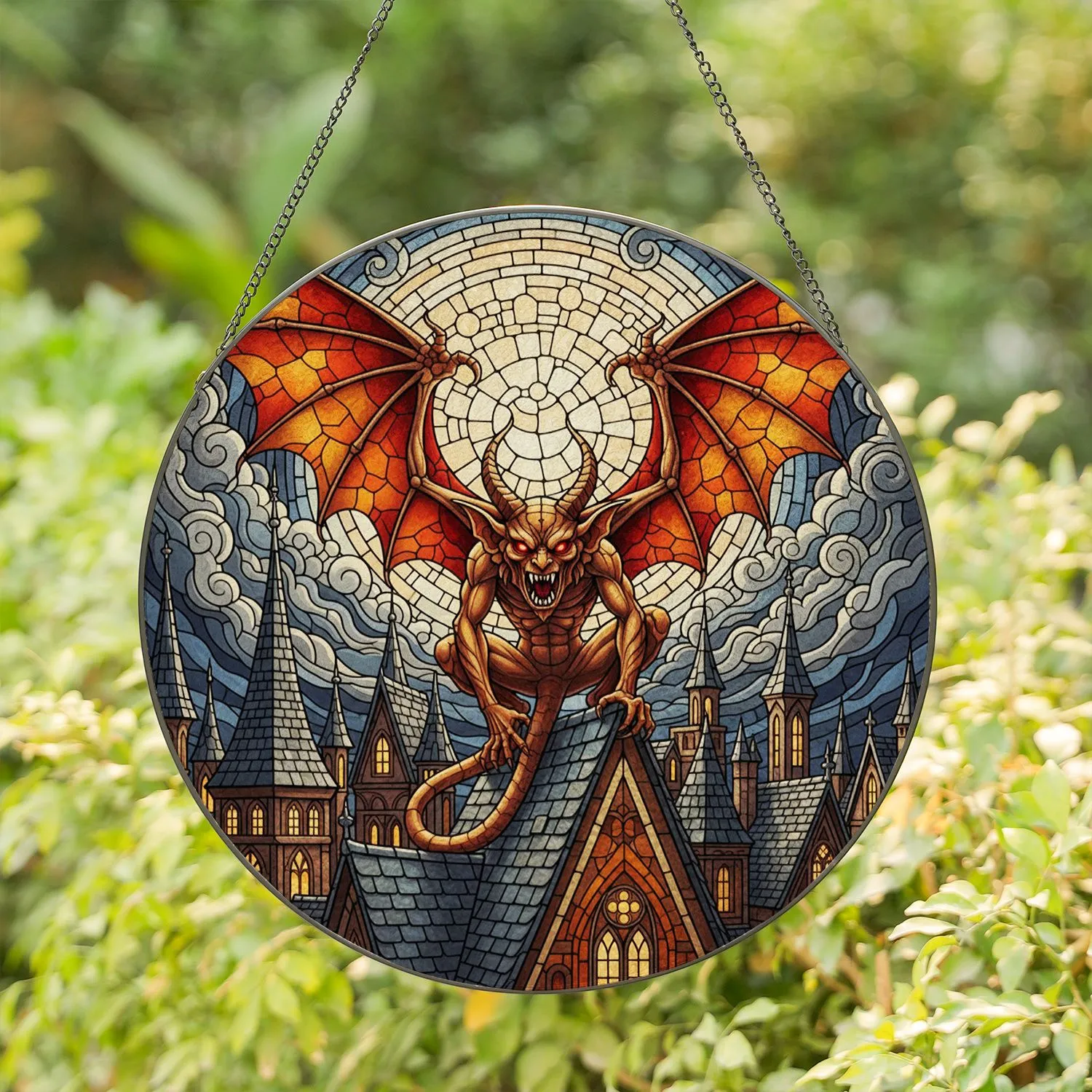 Menacing Horned Gargoyle Stained Glass Art - Gothic Medieval Castle Full Moon Mosaic Stained Glass Suncatcher - 1