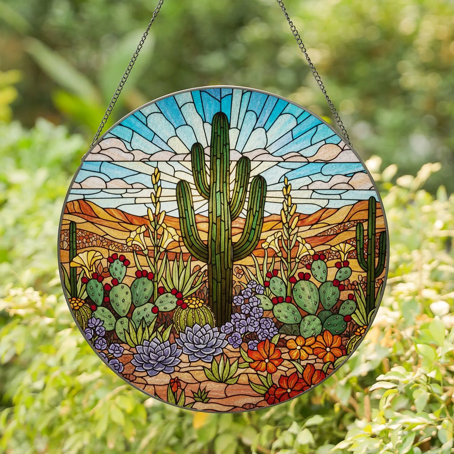 Tiffany Stained Glass Saguaro Cactus Desert Garden Prickly Pear Flowers Jewel Tones Stained Glass Suncatcher - 1