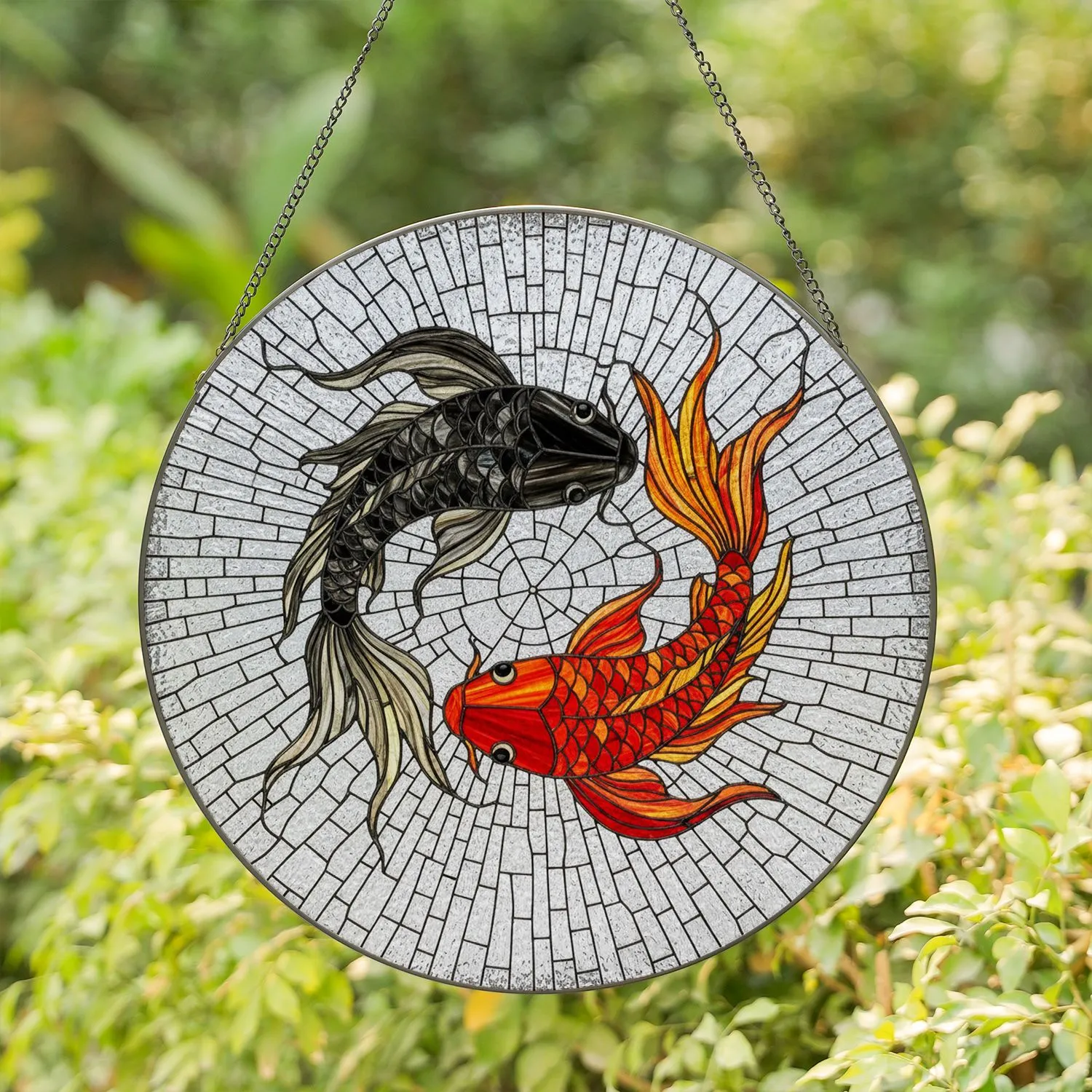 Detailed Black Red Koi Fish Yin Yang Tiffany Water Glass Stained Art Home Decor Gift Stained Glass Suncatcher - 1